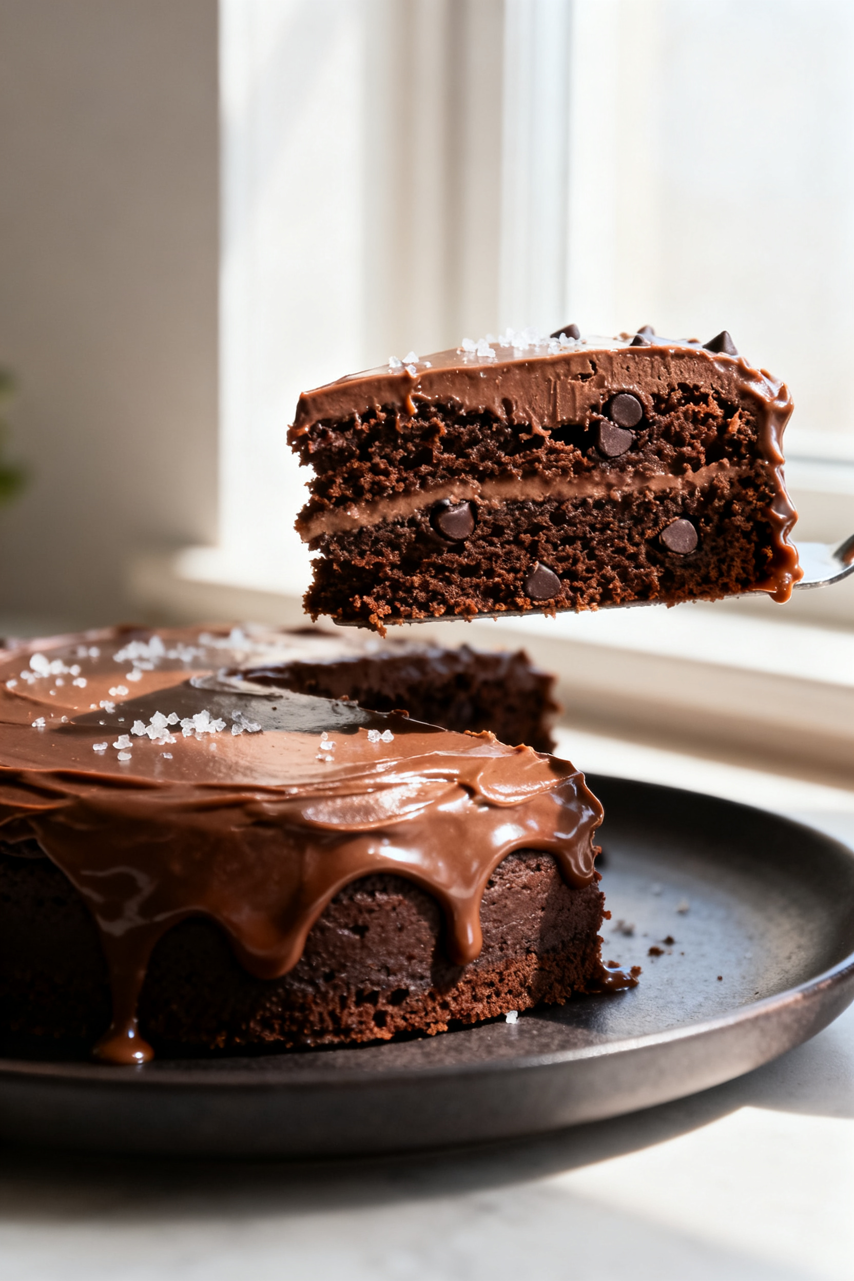 Close-up detail shot of a just-frosted chocolate fudge cake slice being lifted from the cake, showin