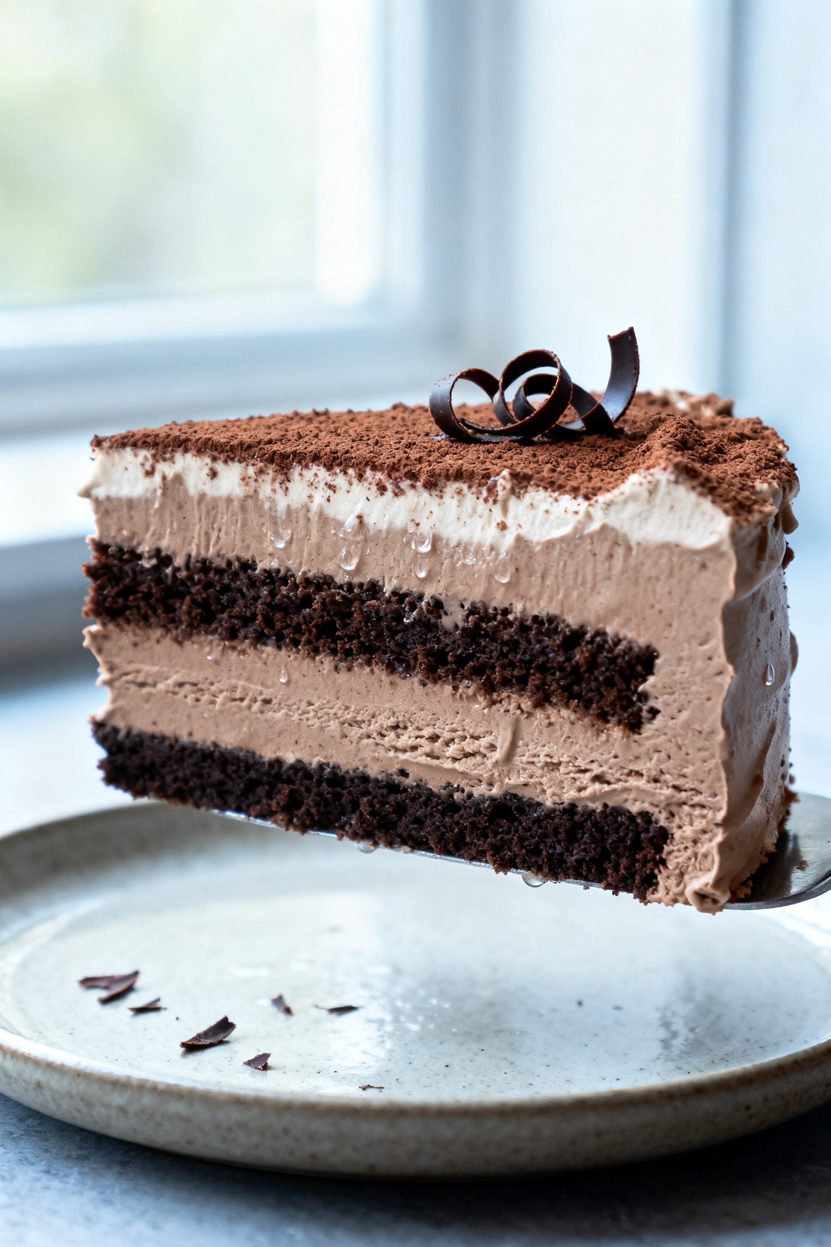 Close-up detail shot of a slice of mocha icebox cake just lifted from a 9-inch springform pan: visib