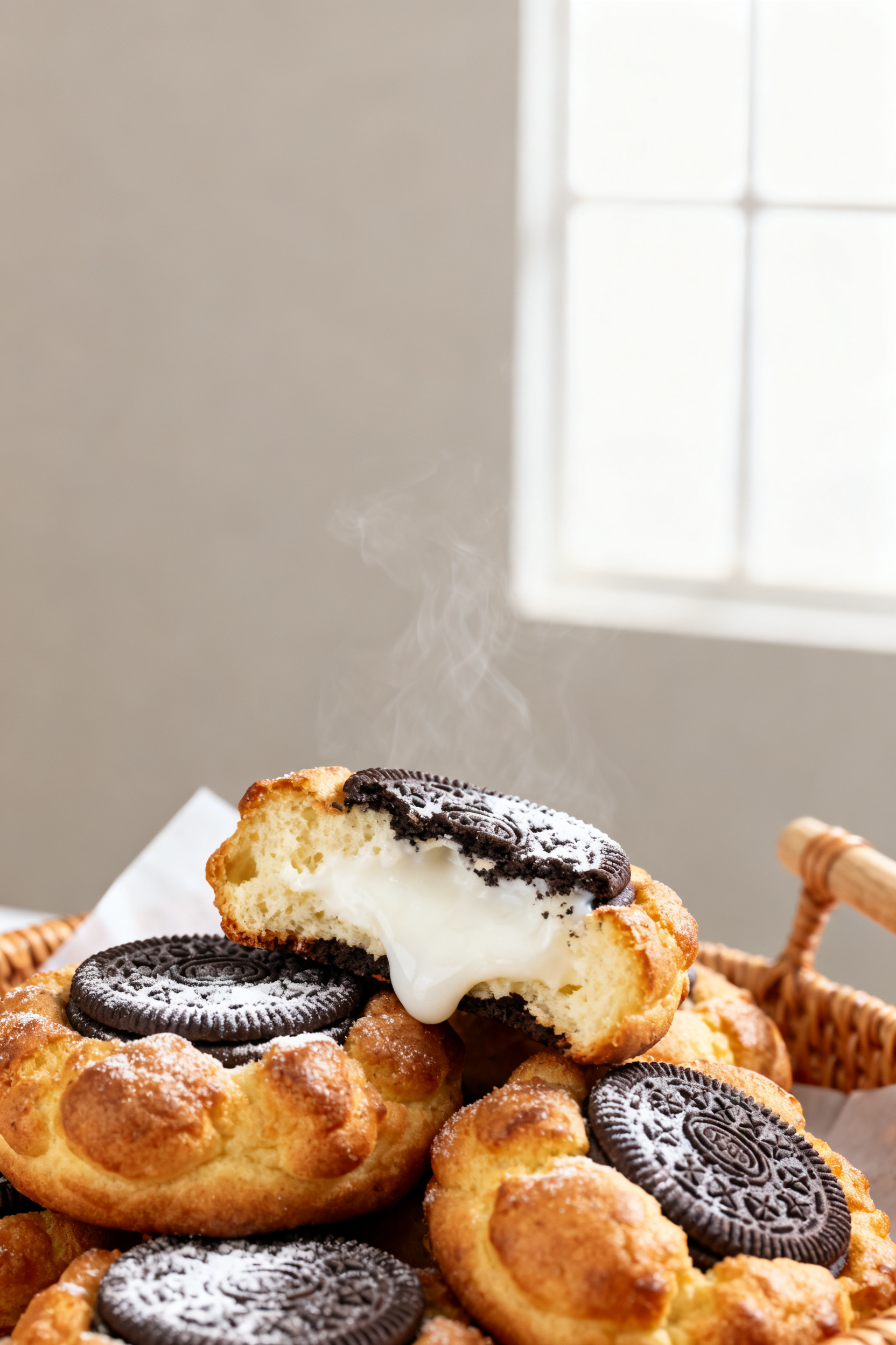 Close-up detail shot of freshly air-fried Oreo cookies just out of the basket, crust a deep golden b