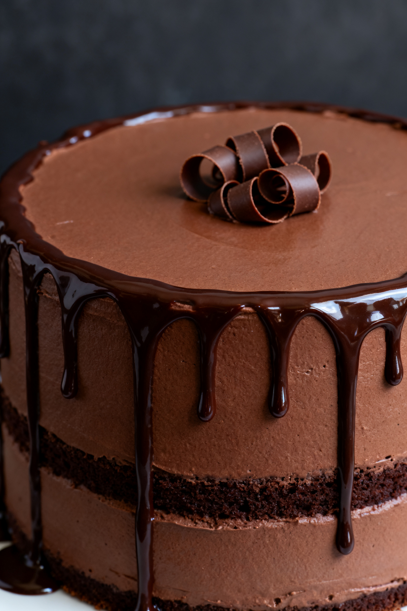 Close-up detail shot of glossy chocolate ganache drips cascading over a perfectly smoothed, chilled 