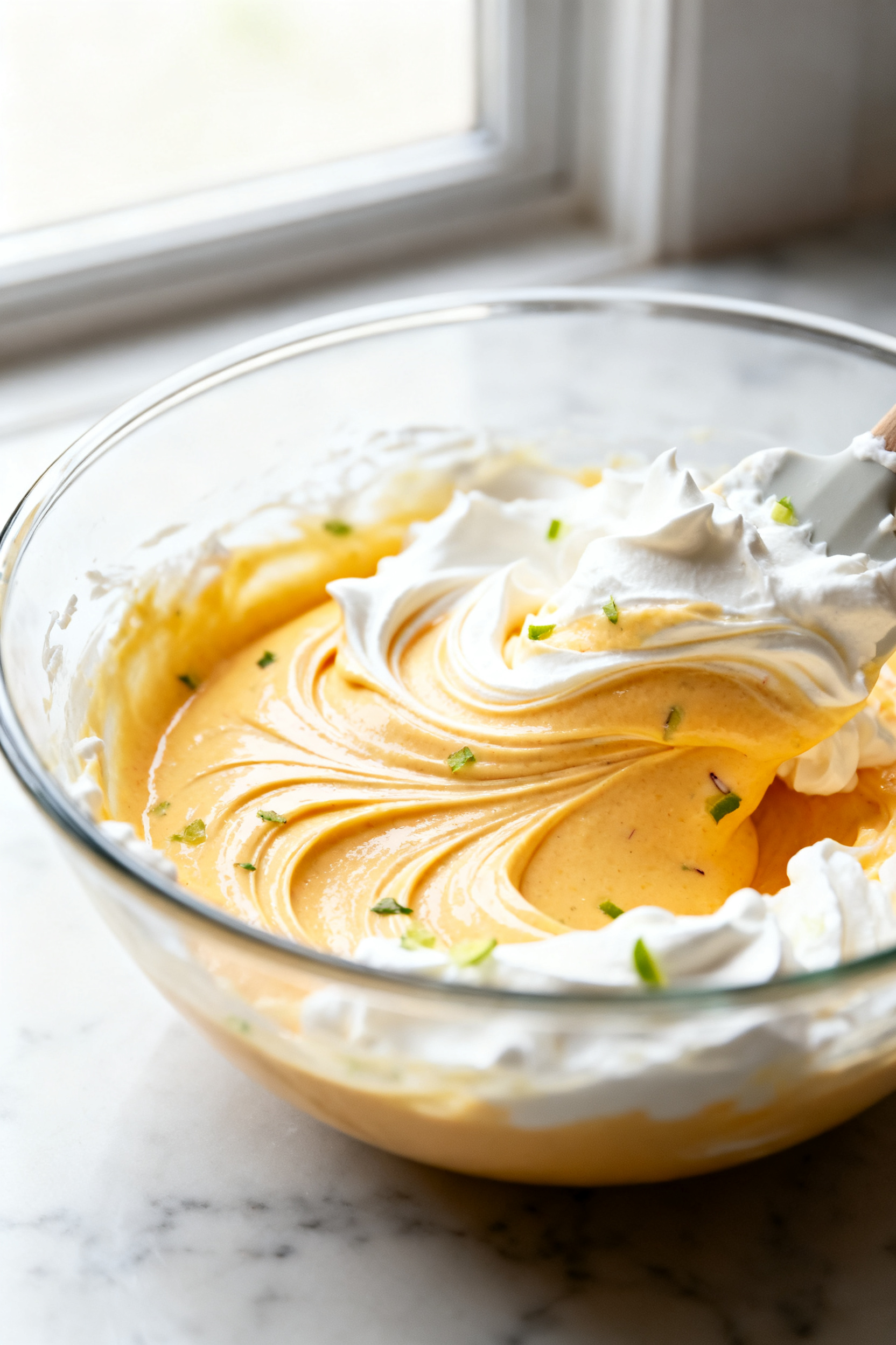 Close-up detail shot of silky high-protein mango mousse being gently folded with soft-peak whipped c