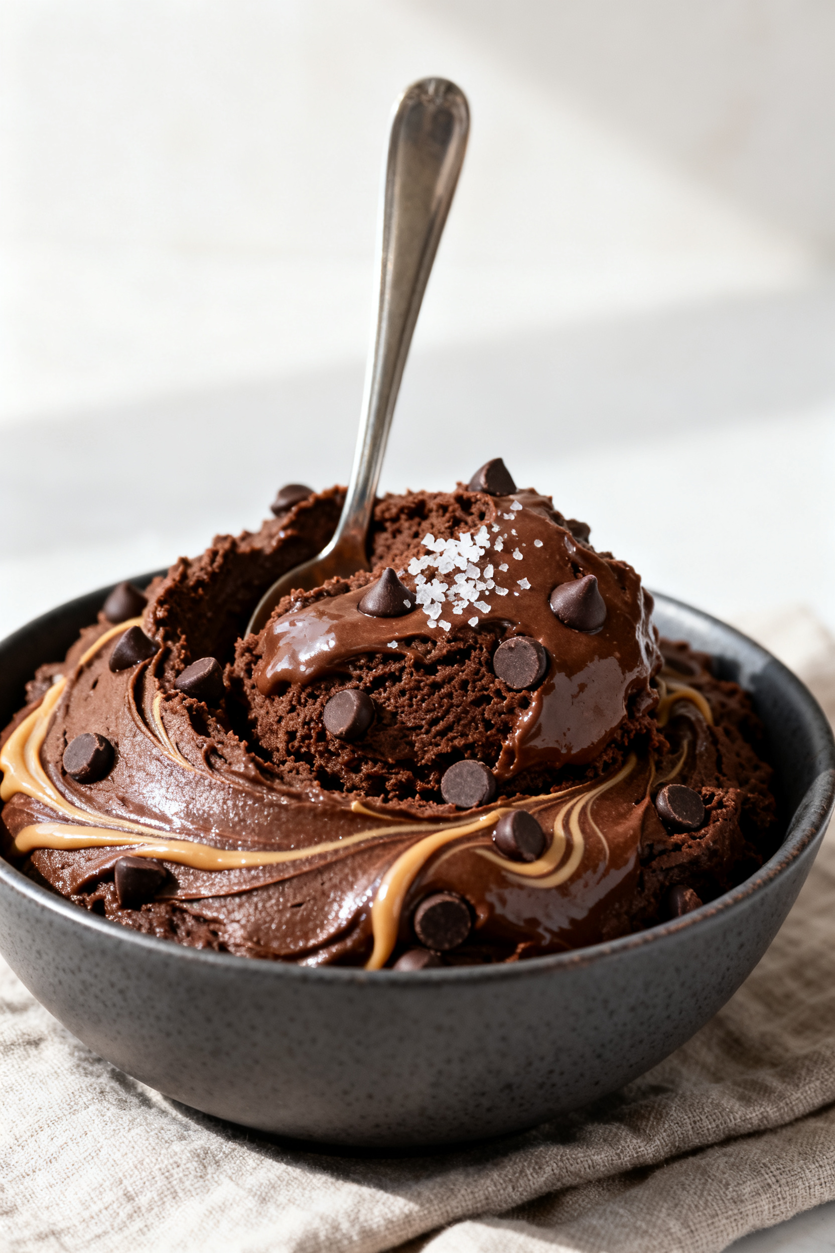 Close-up detail shot of thick, fudgy protein chocolate brownie batter just finished in a bowl, spoon