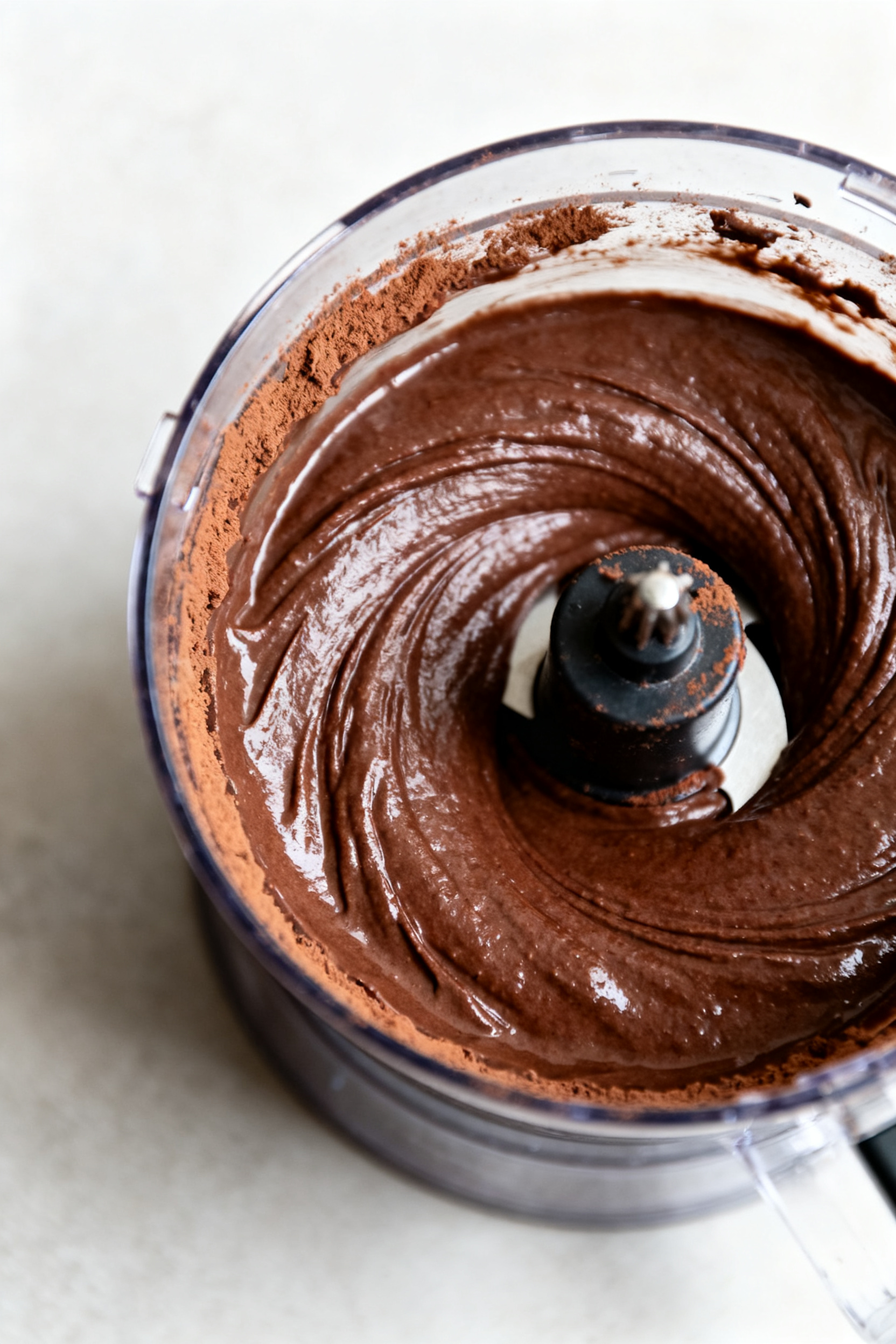 Close-up detail: Silky chocolate avocado pudding mid-blend in a glass food processor bowl, blades st
