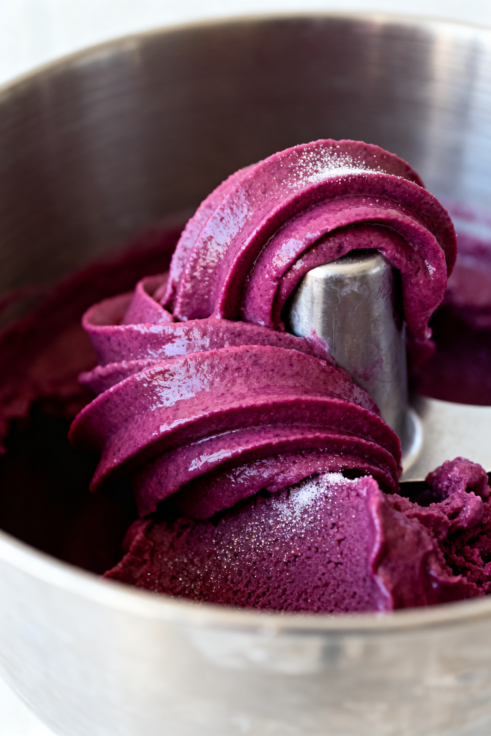 Close-up detail: Silky keto berry sorbet mid-churn in an ice cream maker, ribbons of deep magenta an