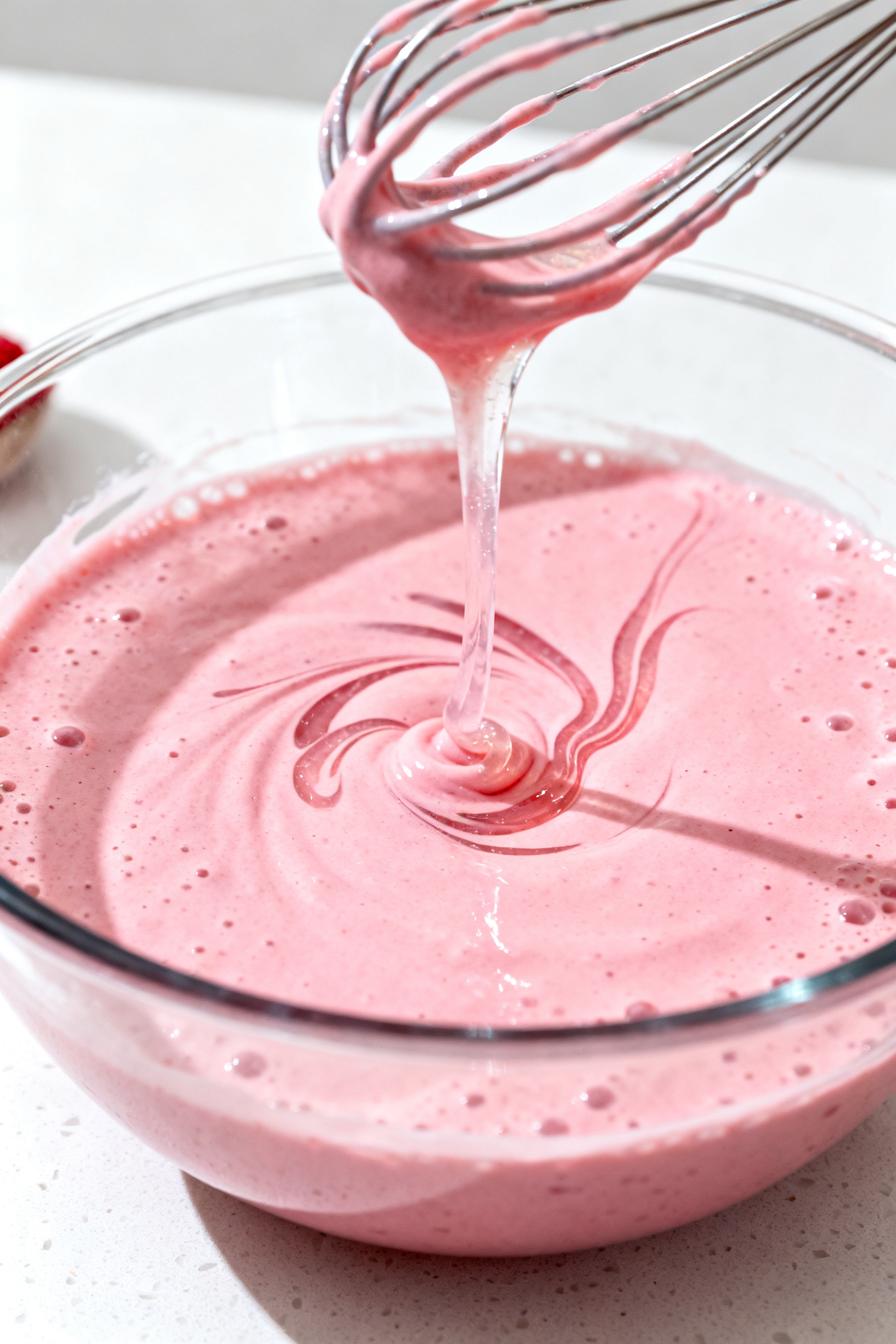 Close-up detail: Silky raspberry mousse mixture mid-whisk in a glass bowl, glossy and uniformly pink