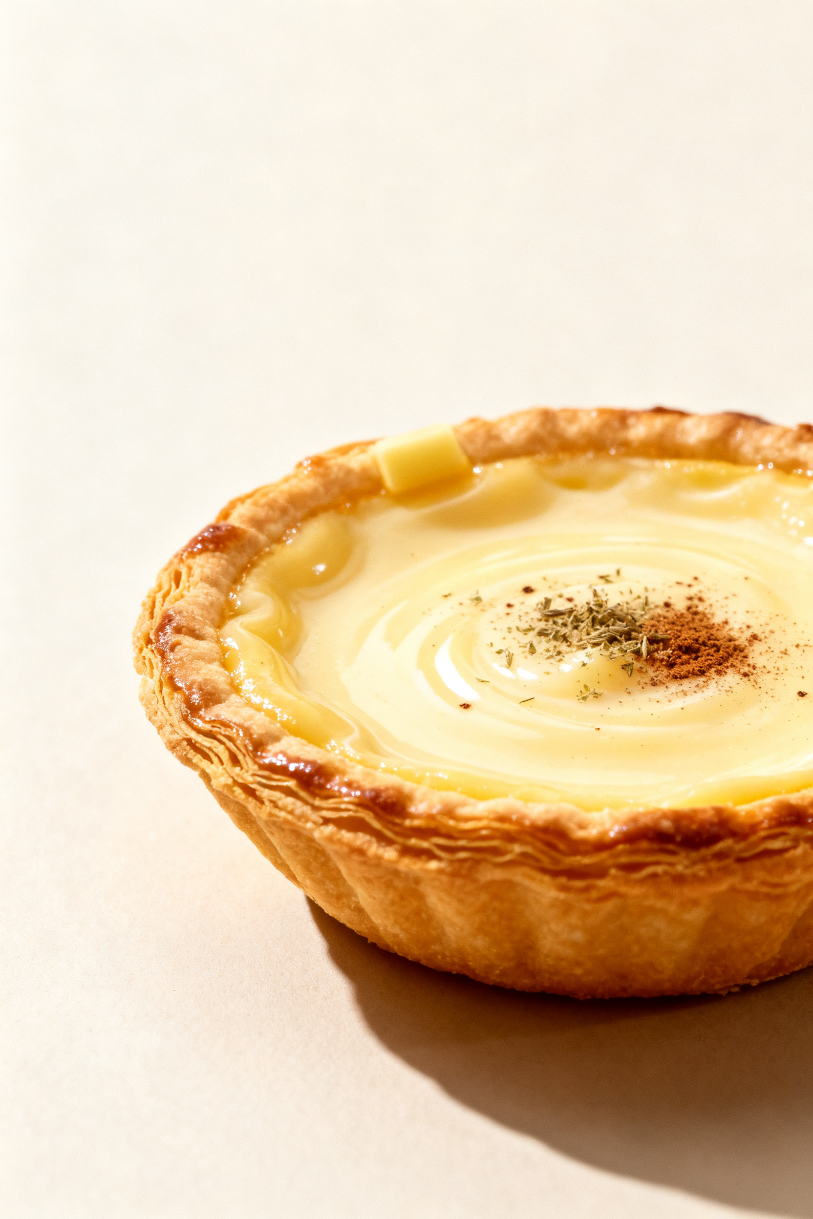 Close-up detail: Silky vanilla custard tart just set in a golden, air-fried shortcrust, edges lightl