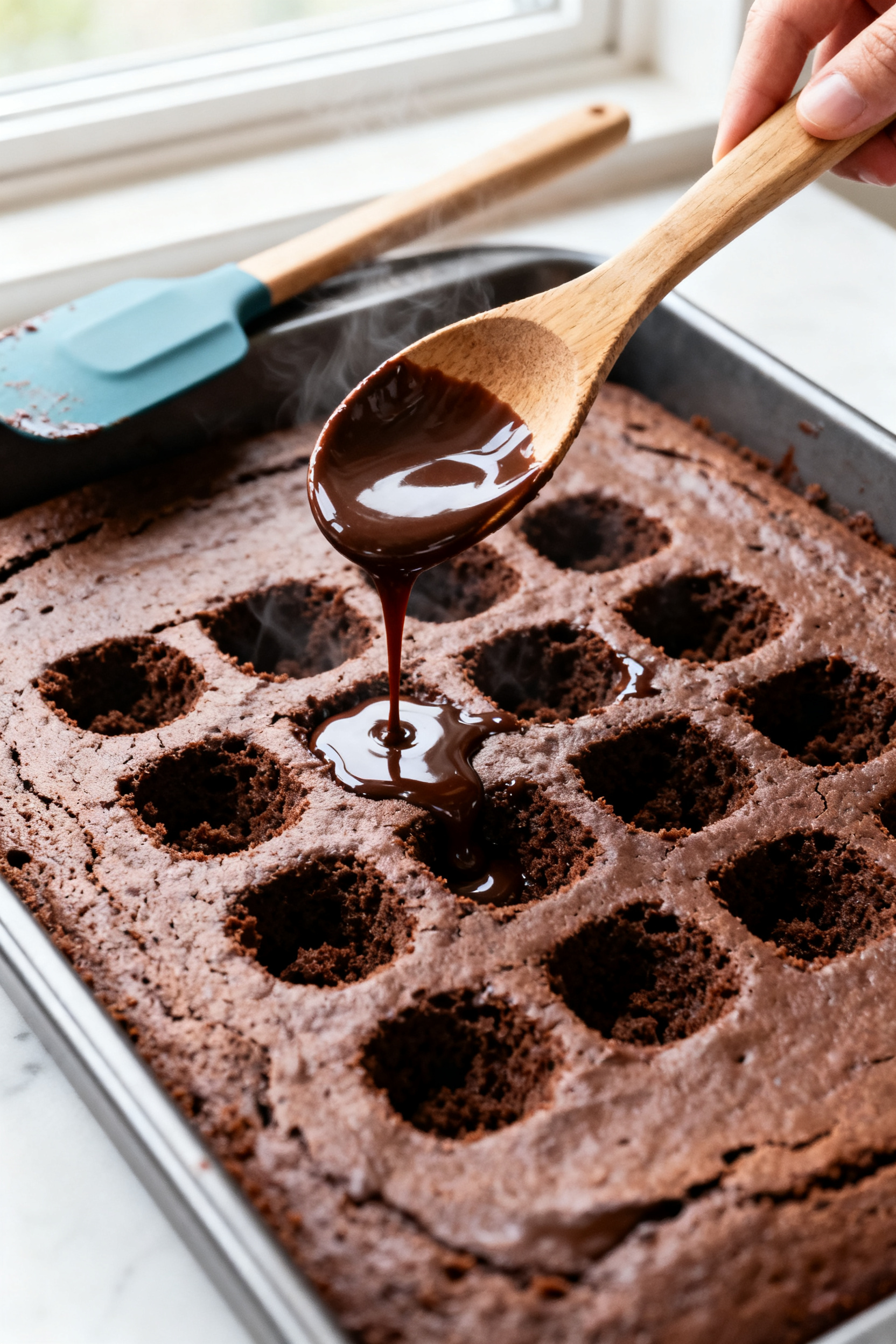 Close-up detail: Warm chocolate sheet cake in a 9x13 pan just after baking, freshly poked with a woo