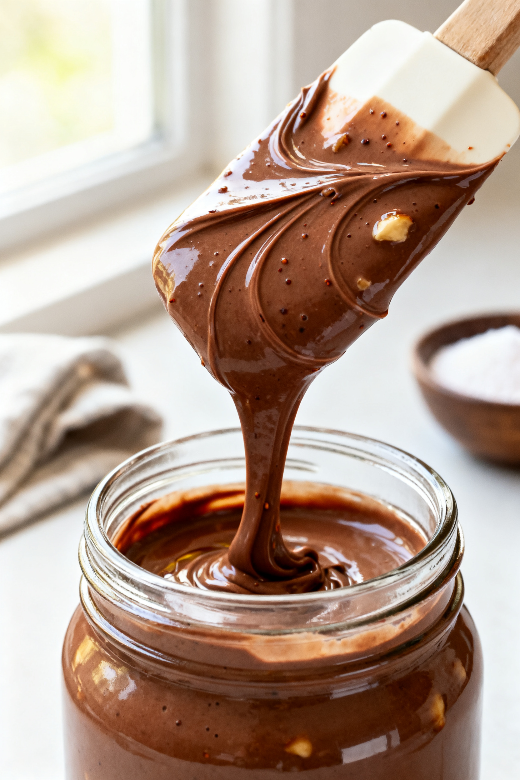 Close-up detail: Warm, freshly blended keto hazelnut-chocolate spread cascading off a spatula into a