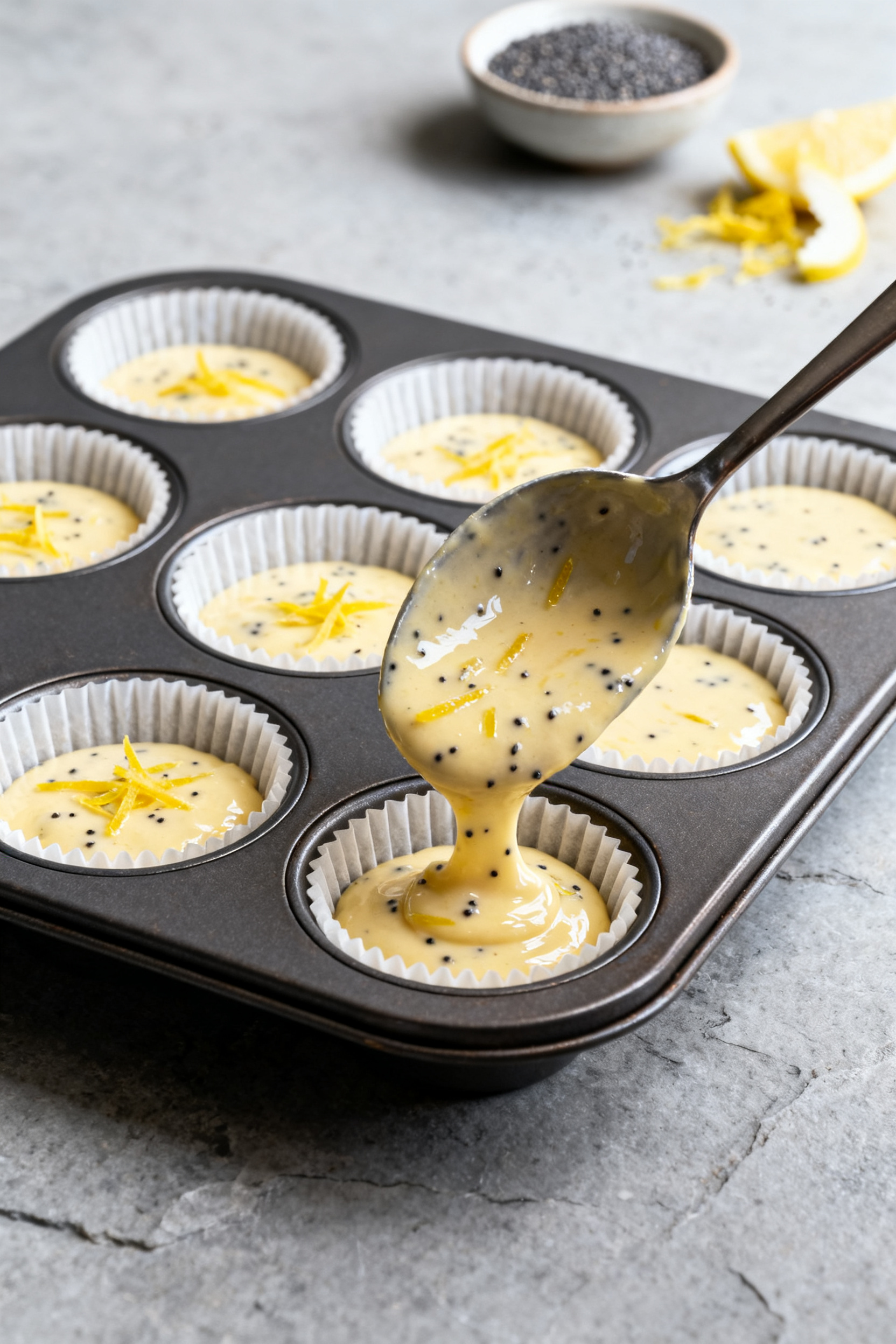 Cooking process: Batter being portioned into a lined 12-cup muffin tin, three-quarters full as per i