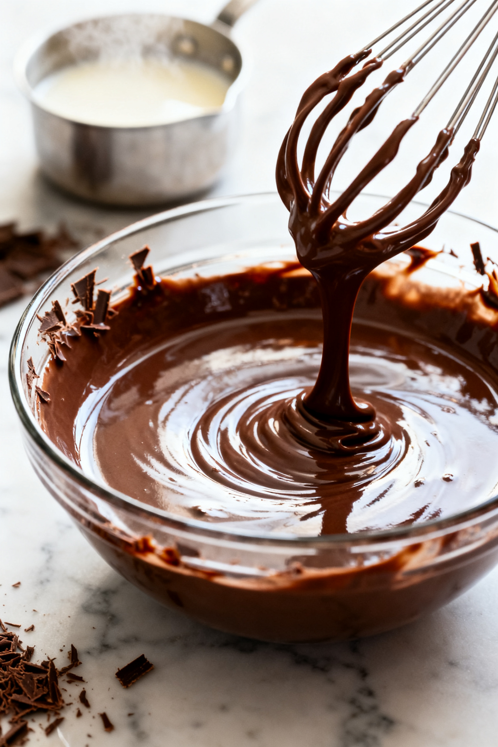 Cooking process close-up: A glossy bowl of freshly made chocolate ganache being whisked to a smooth,