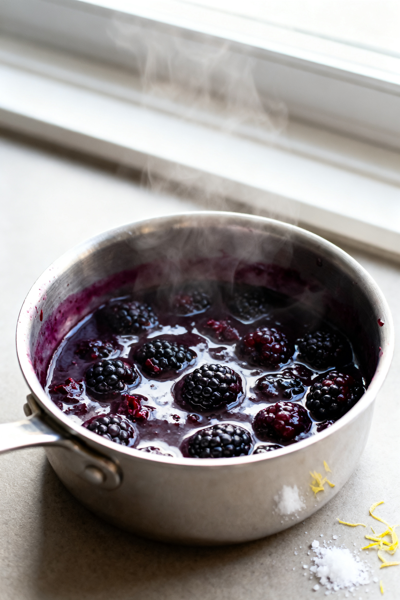 Cooking process close-up: Blackberry compote simmering in a small saucepan, glossy deep-purple sauce