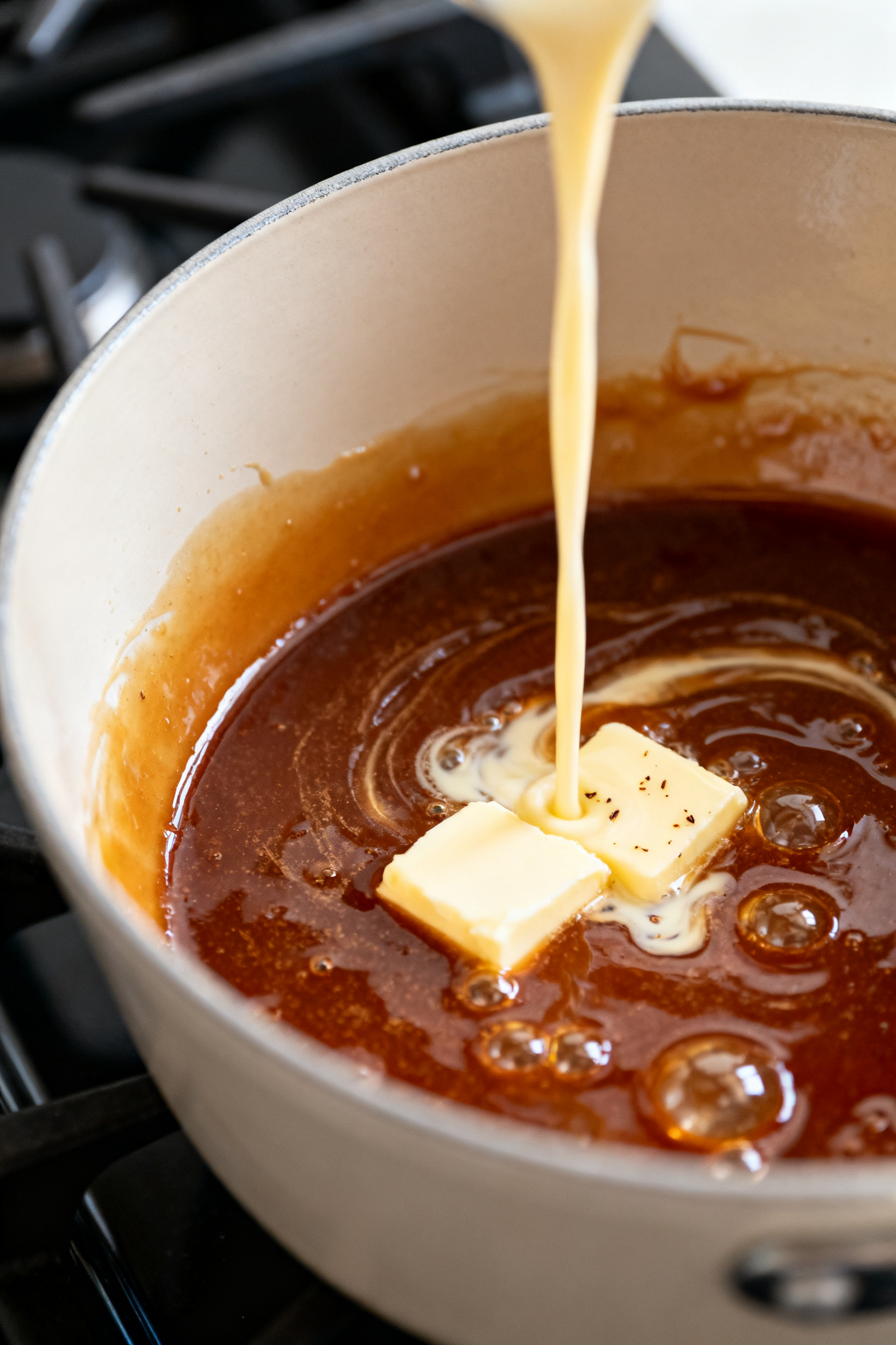 Cooking process close-up: Deep amber caramel in a light-colored saucepan at the “sweet spot,” sy