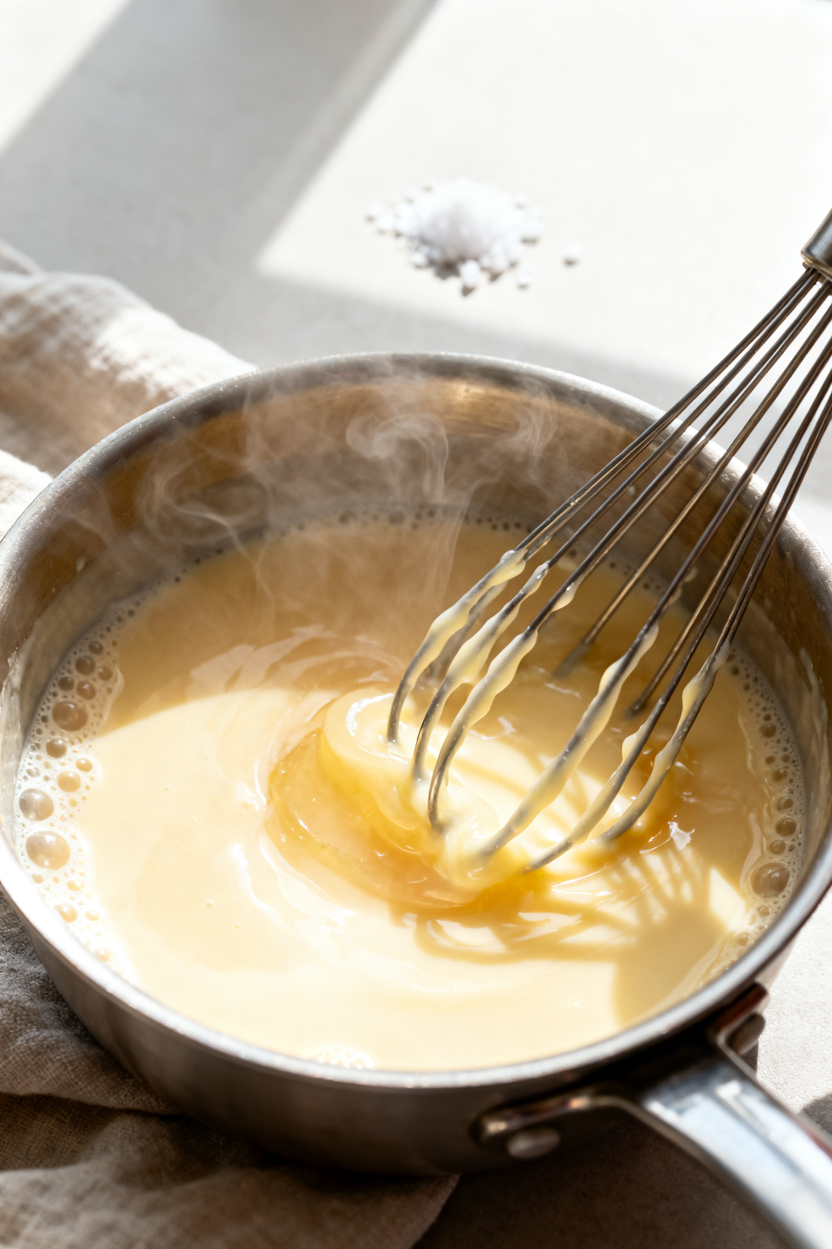Cooking process, close-up detail: Melted gelatin being whisked into the hot, steaming milk-cream mix