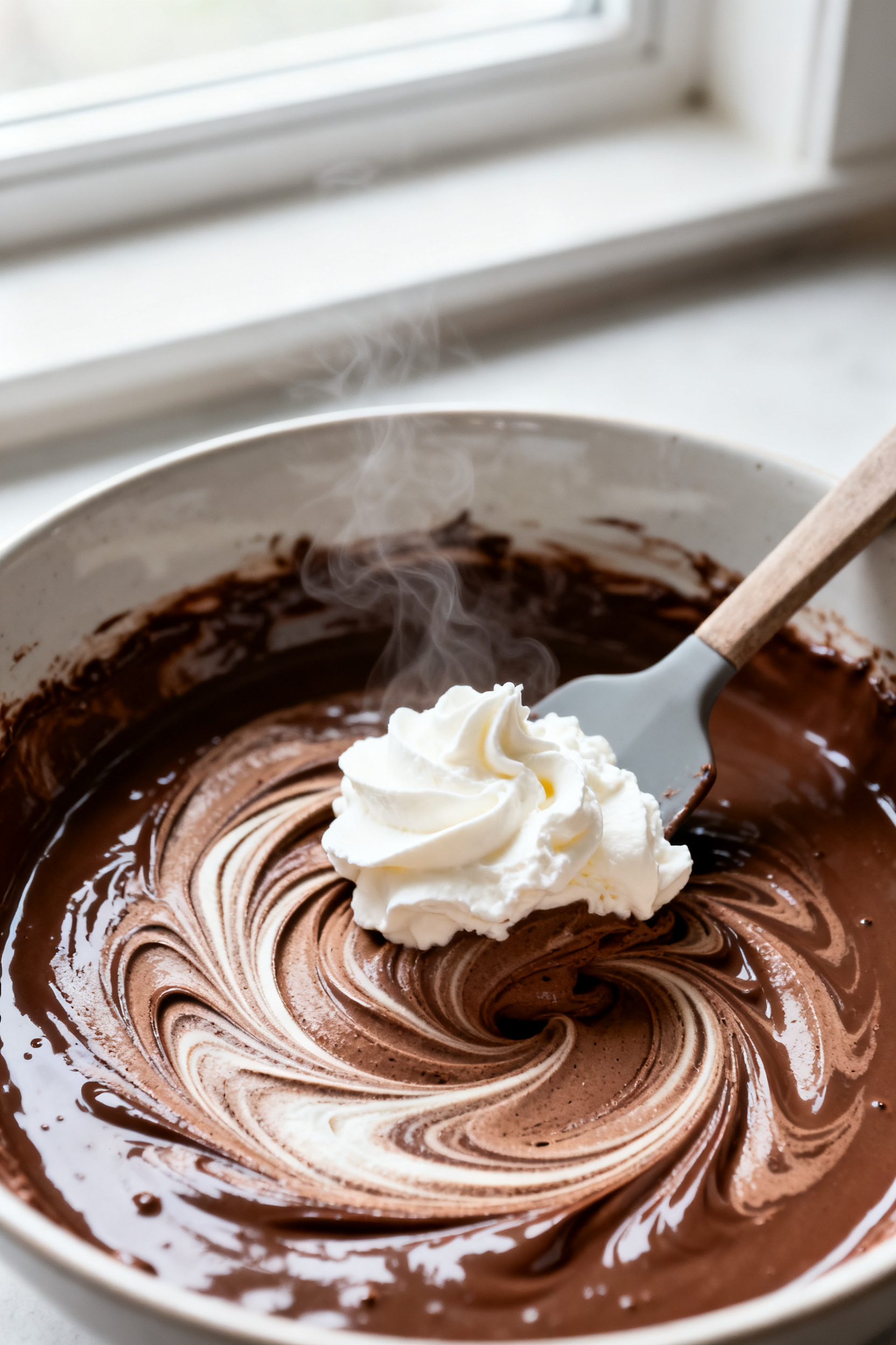 Cooking process, close-up detail: Silky chocolate mousse being gently folded together in a bowl—gl