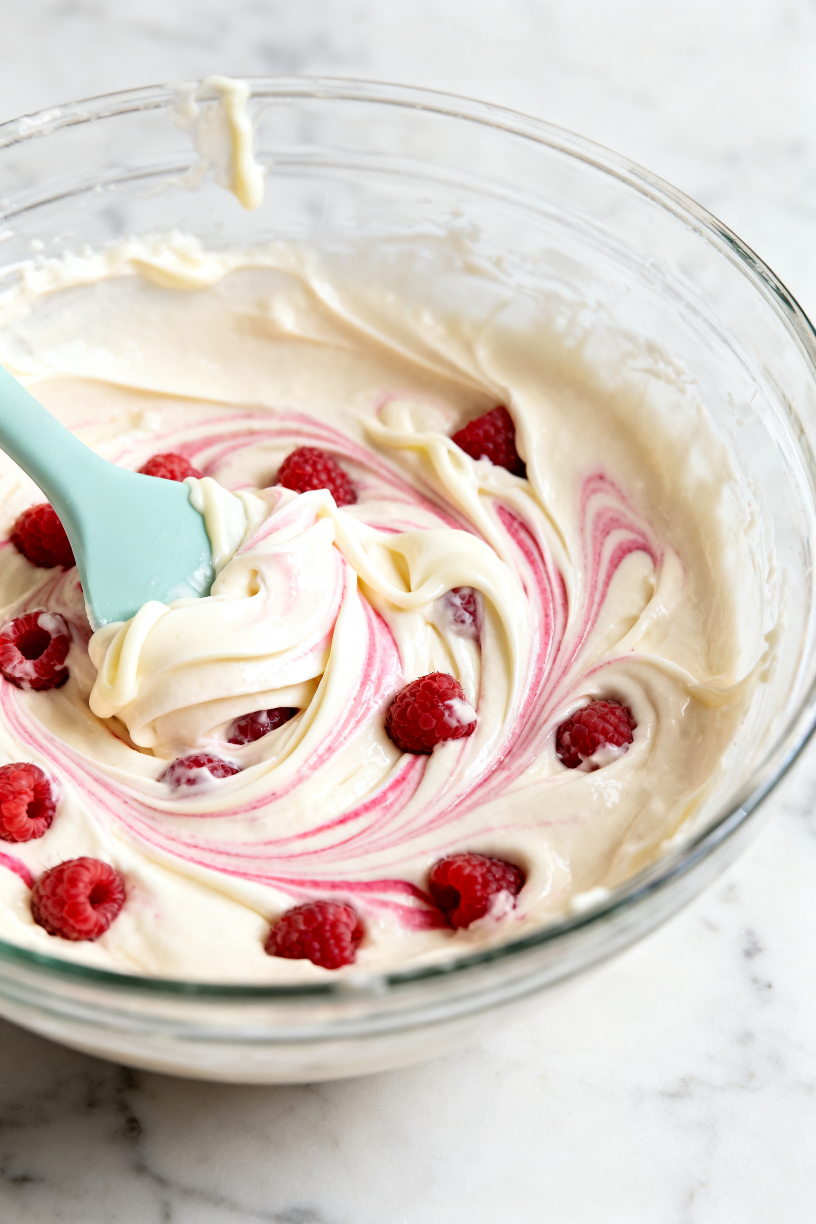 Cooking process close-up: Folded white chocolate raspberry cake batter being gently combined in a gl