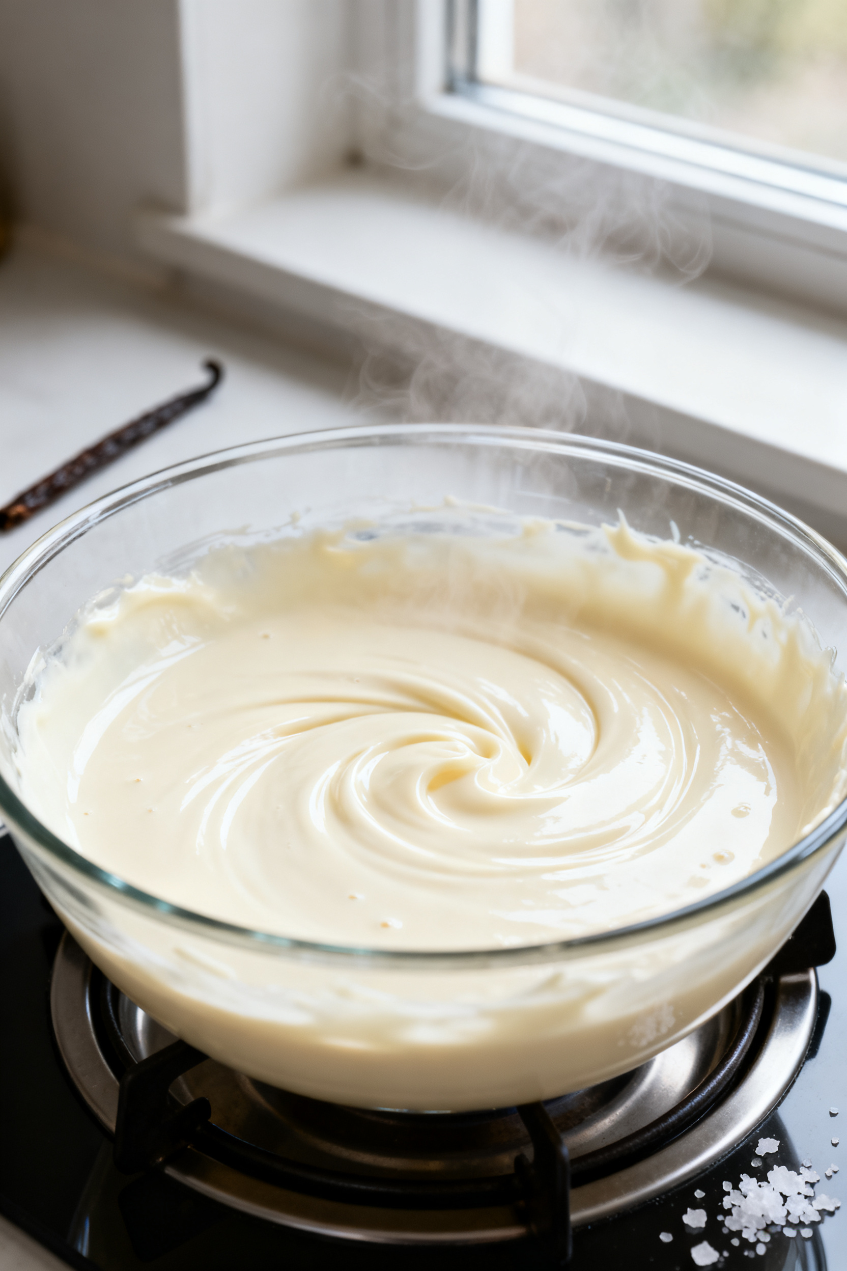 Cooking process close-up: Melted white chocolate being stirred to a glossy, lump-free finish in a he