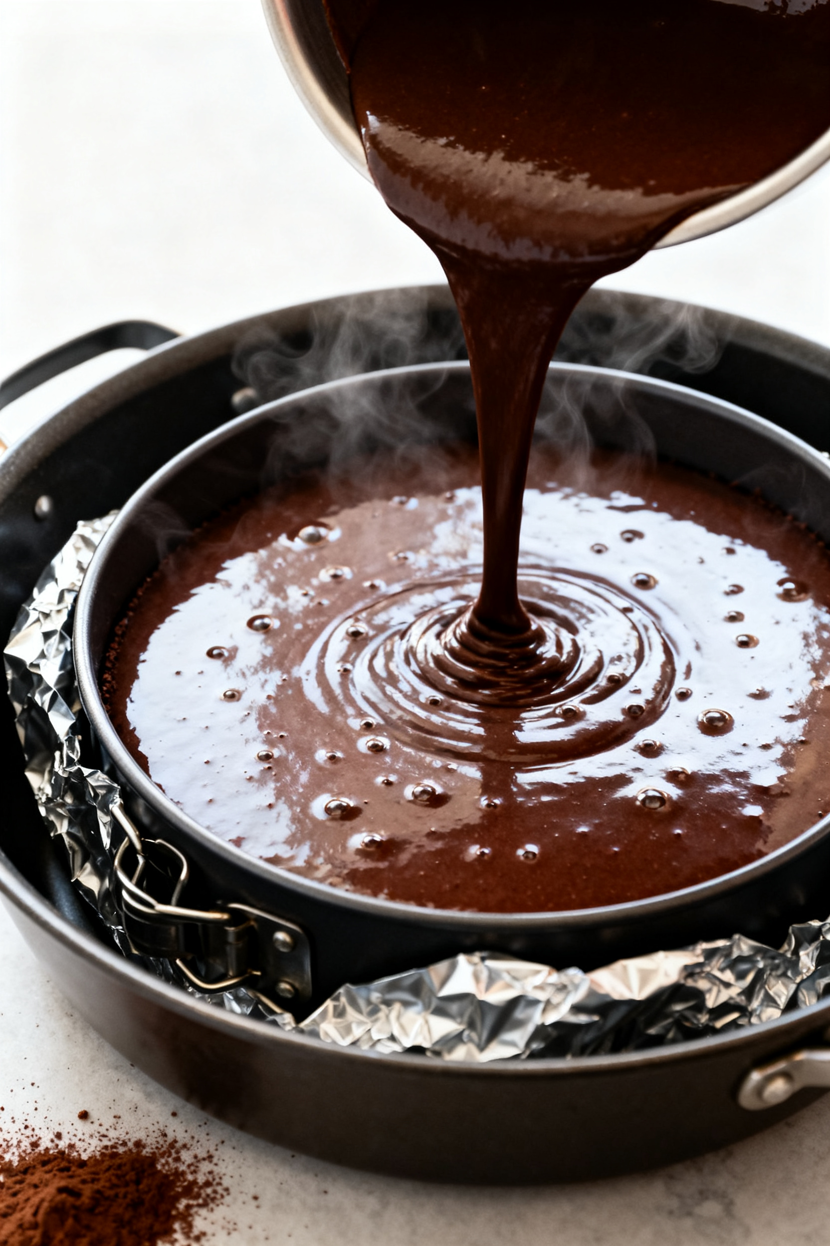Cooking process — Close-up of glossy flourless chocolate cake batter being poured and smoothed int