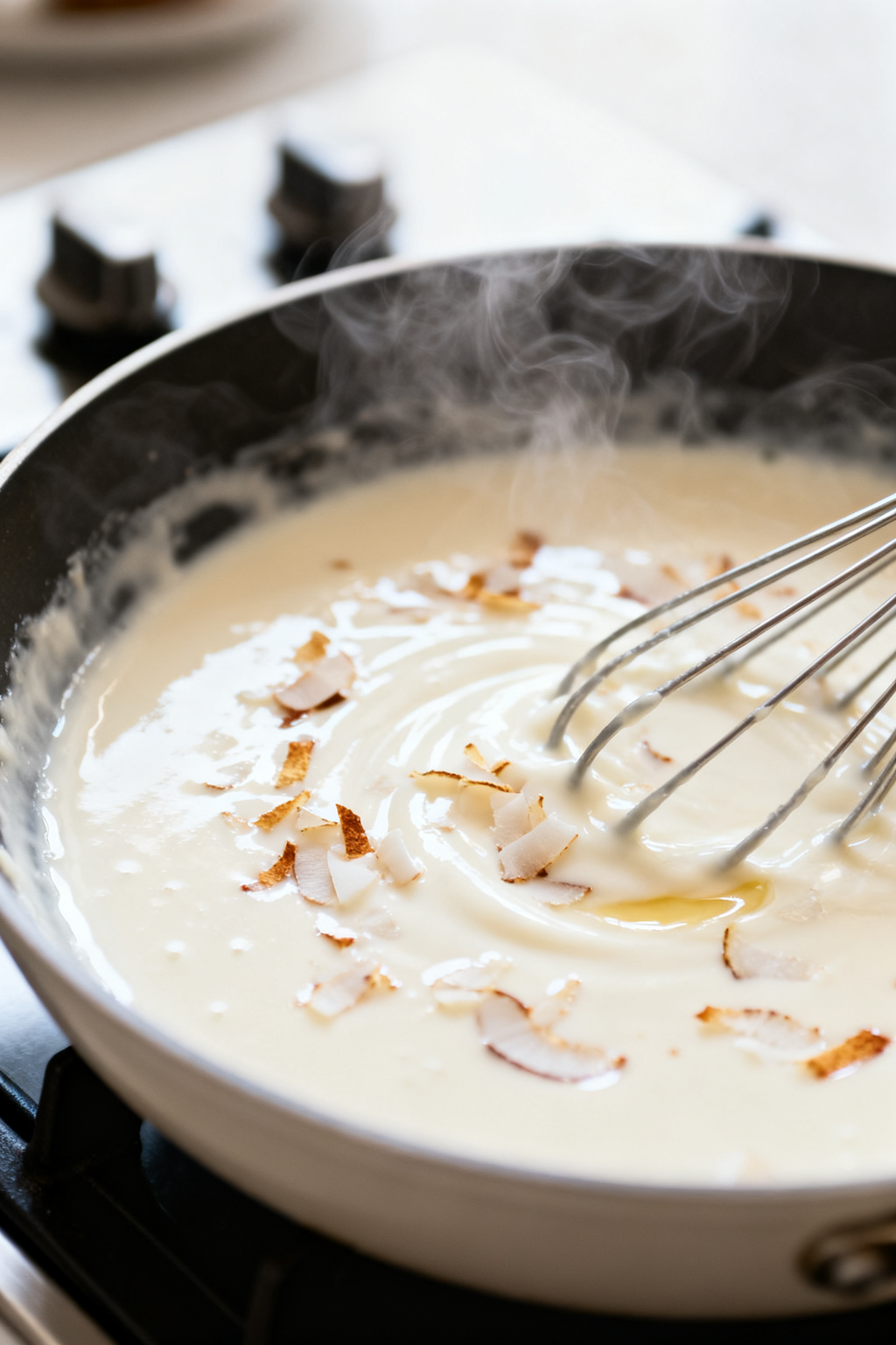 Cooking process close-up: Silky coconut custard being whisked on the stovetop until it coats the bac