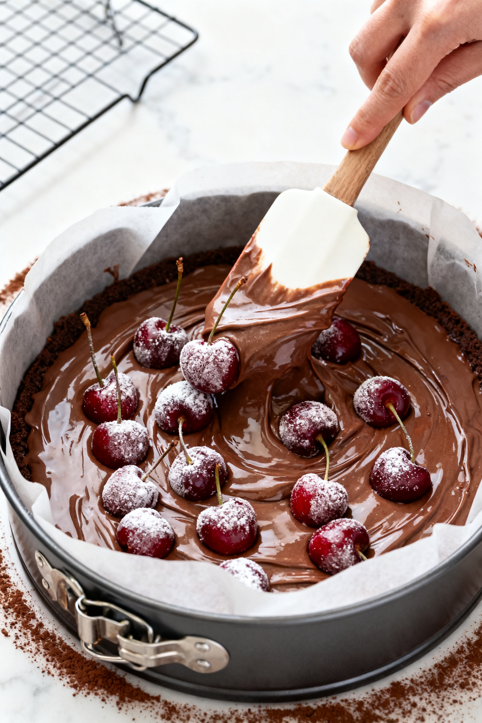 Cooking process close-up: Thick, glossy chocolate-cherry cake batter being folded with ruby-red pitt