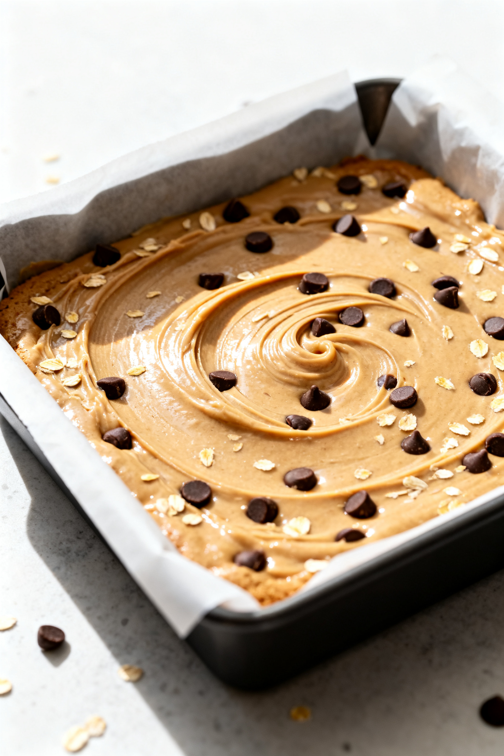 Cooking process close-up: Thick, glossy protein blondie batter being spread evenly into a parchment-