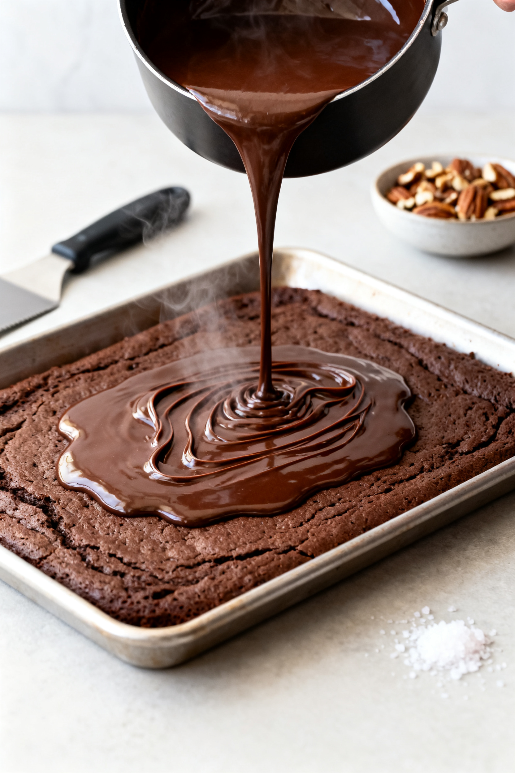 Cooking process close-up: Warm, glossy chocolate frosting being poured from a saucepan directly onto