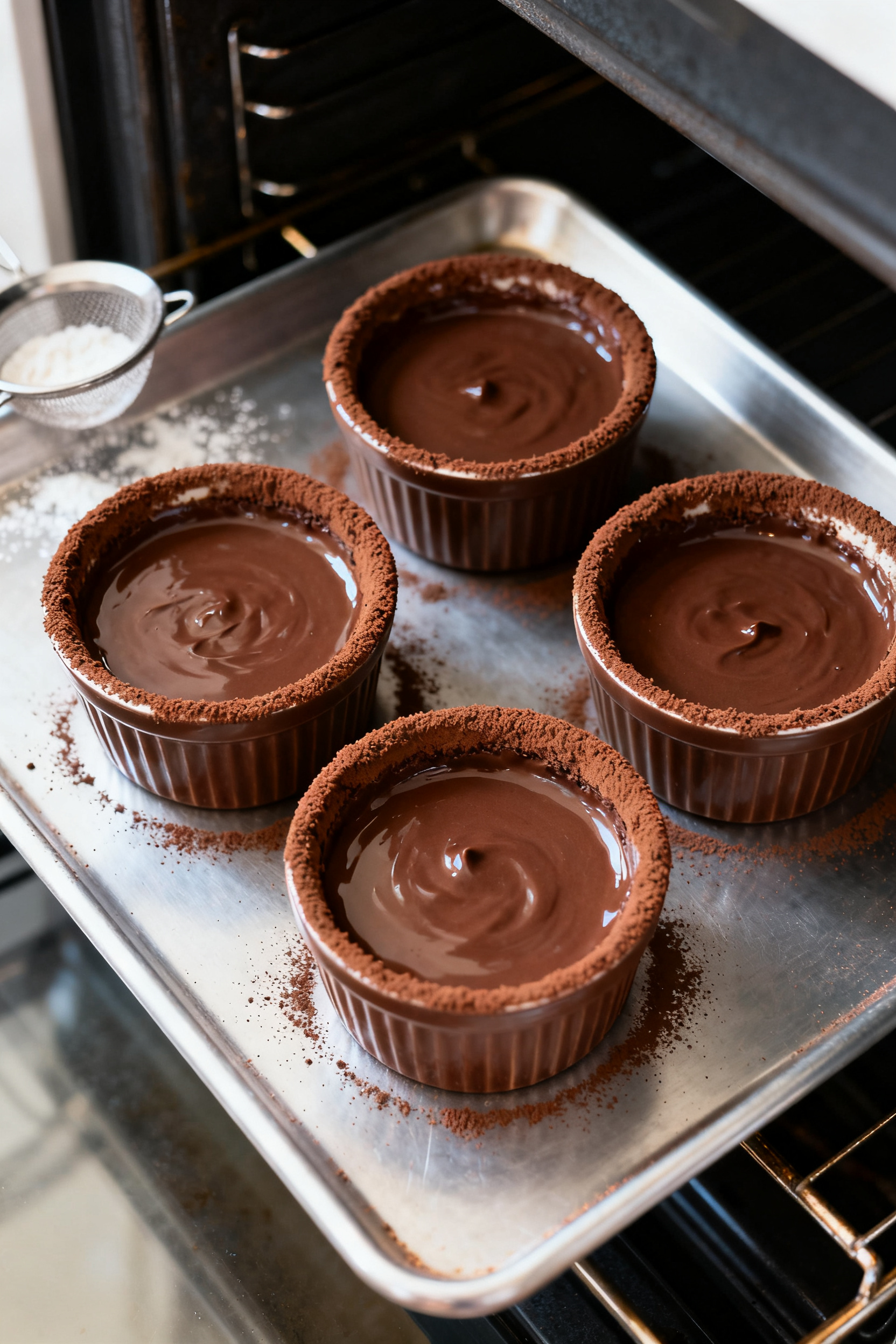 Cooking process: Four cocoa-dusted ramekins filled three-quarters with silky chocolate batter arrang