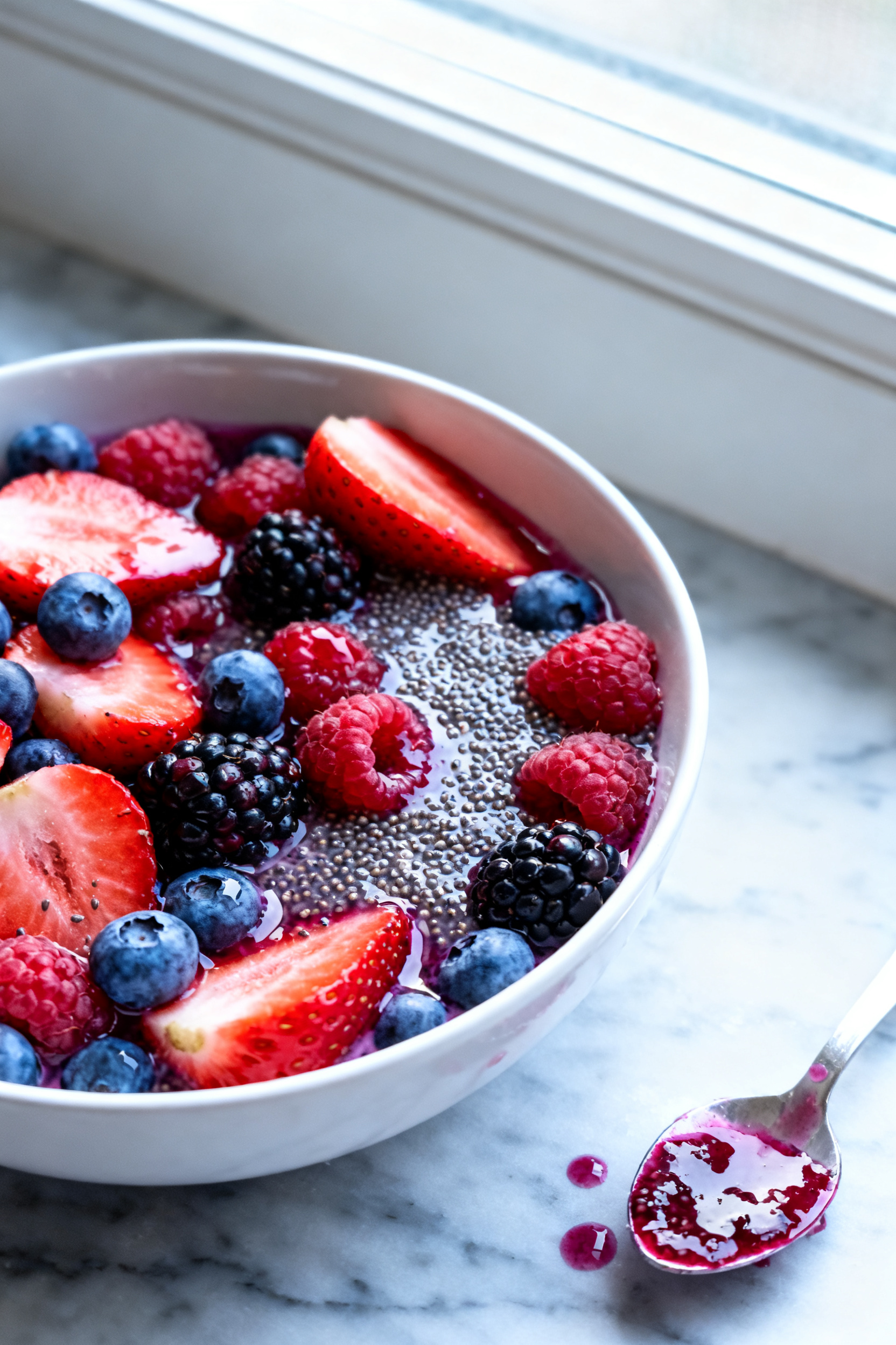 Cooking process – macerated berries turning jammy: Close-up of a bowl of prepared mixed berries (s