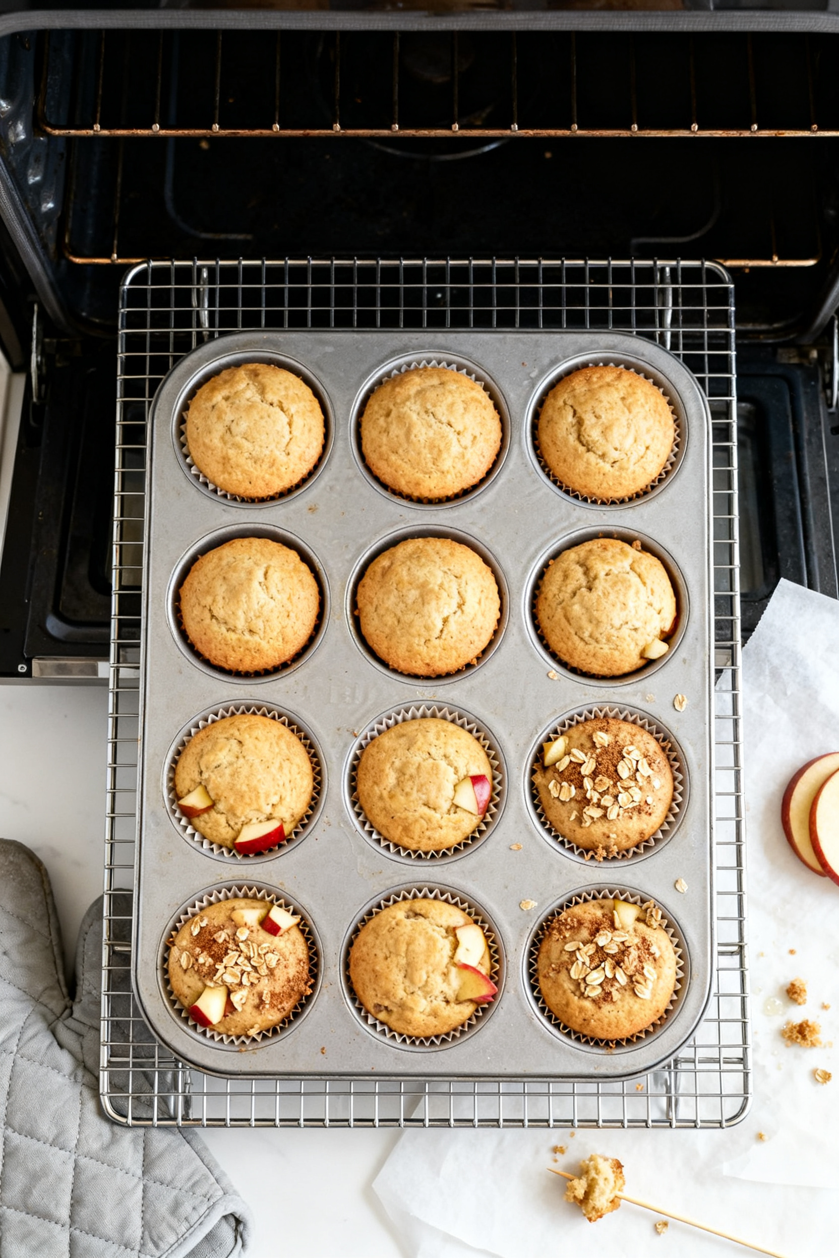 Cooking process: Overhead shot of a 12-cup muffin tin fresh from the oven on the center rack pulled