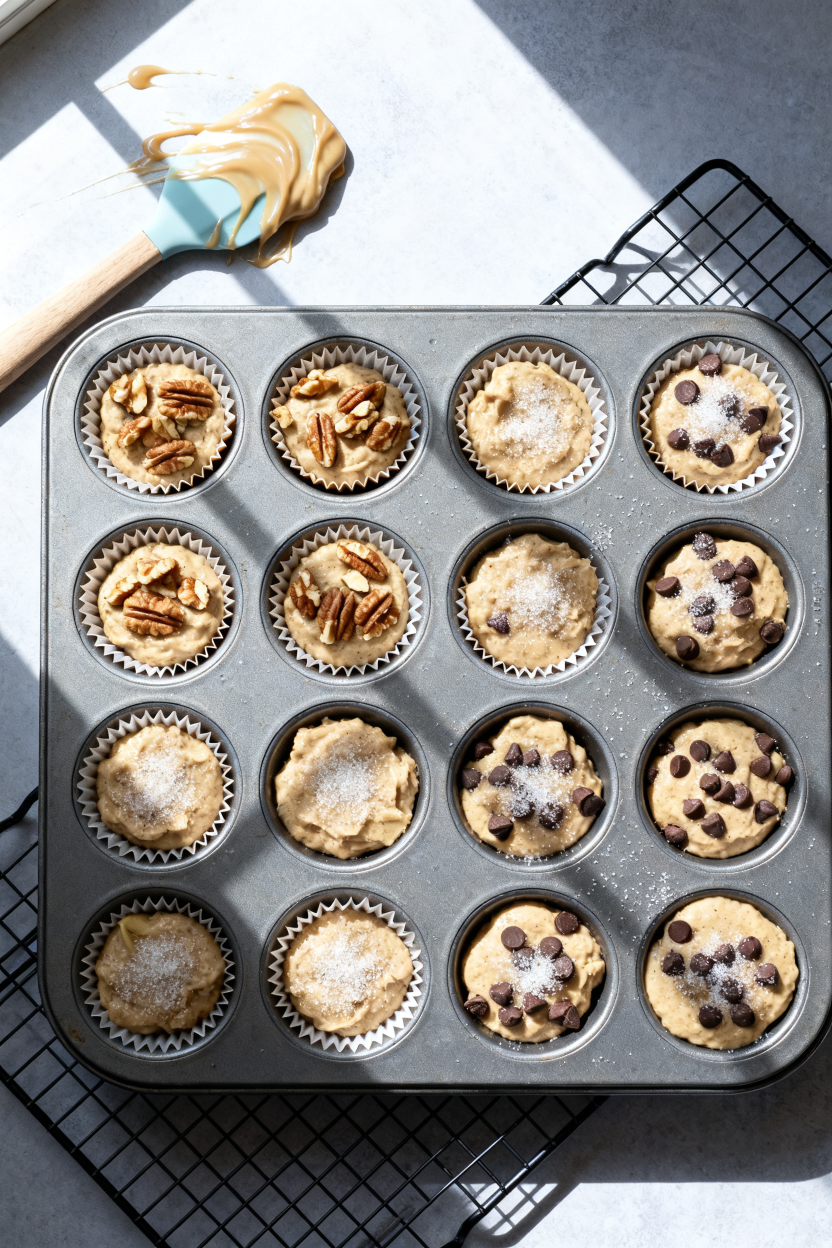 Cooking process: Overhead shot of a 12-cup muffin tin just filled about 3/4 full with banana muffin