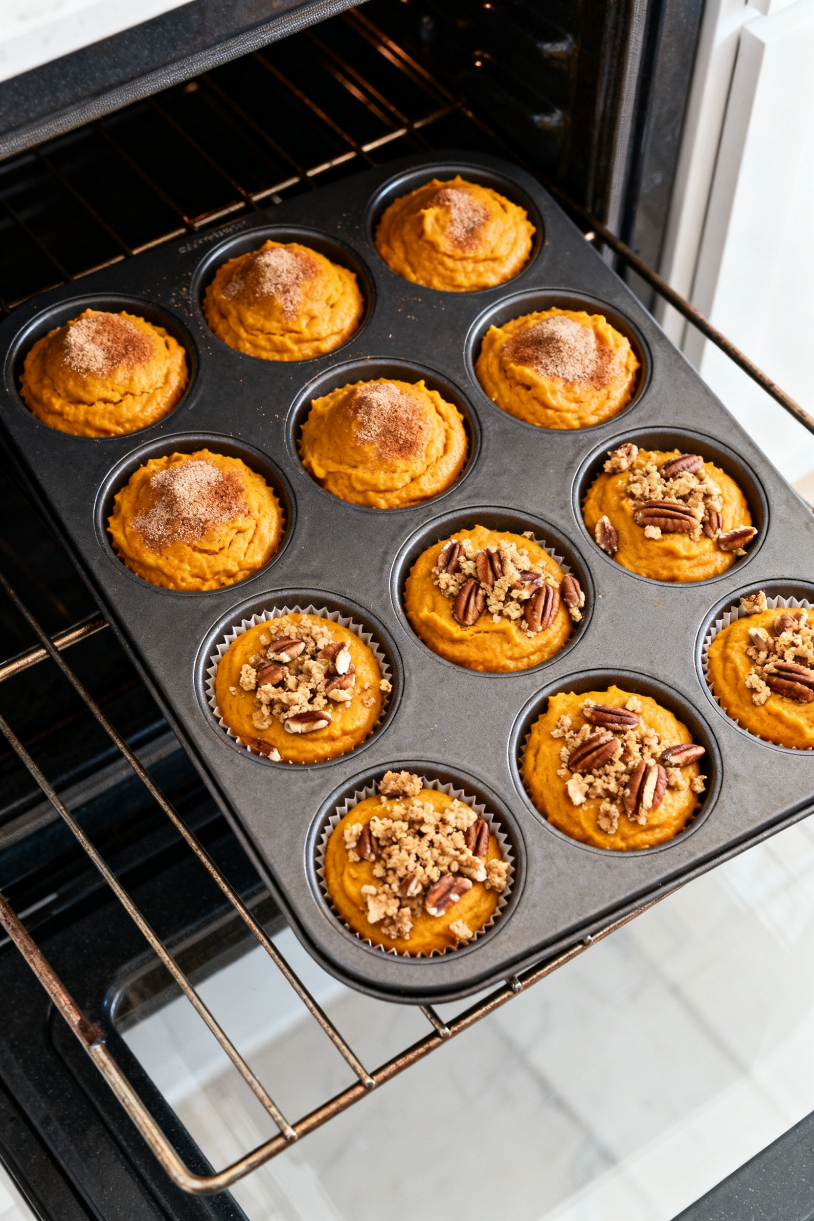 Cooking process: Overhead shot of a 12-cup muffin tin just filled 3/4 full with thick, slightly lump