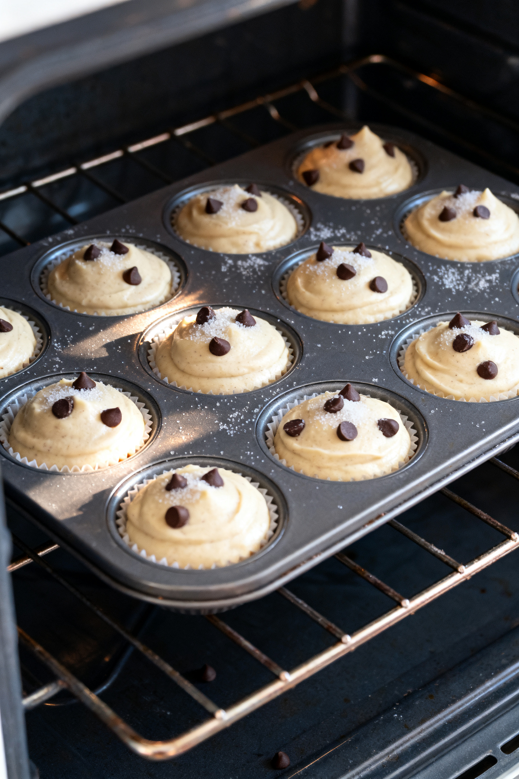 Cooking process: Overhead shot of a lined 12-cup muffin tin filled 3/4 full with smooth, gently mixe