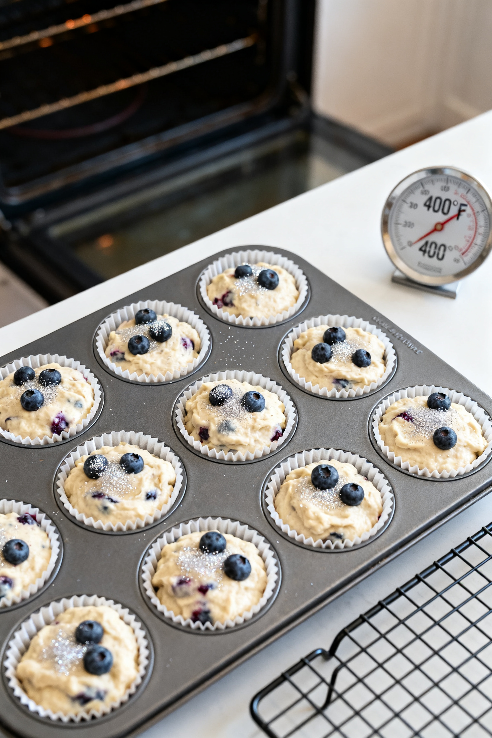 Cooking process: Overhead shot of a lined 12-cup muffin pan filled about three-quarters with thick,