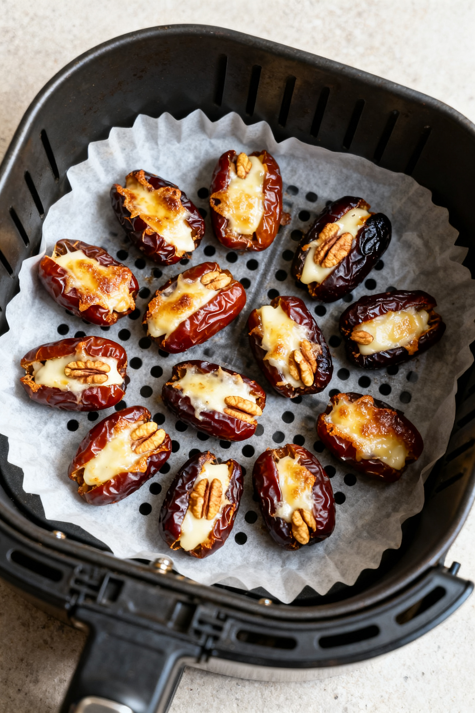 Cooking process: Overhead shot of a single layer of stuffed dates arranged in an air fryer basket li