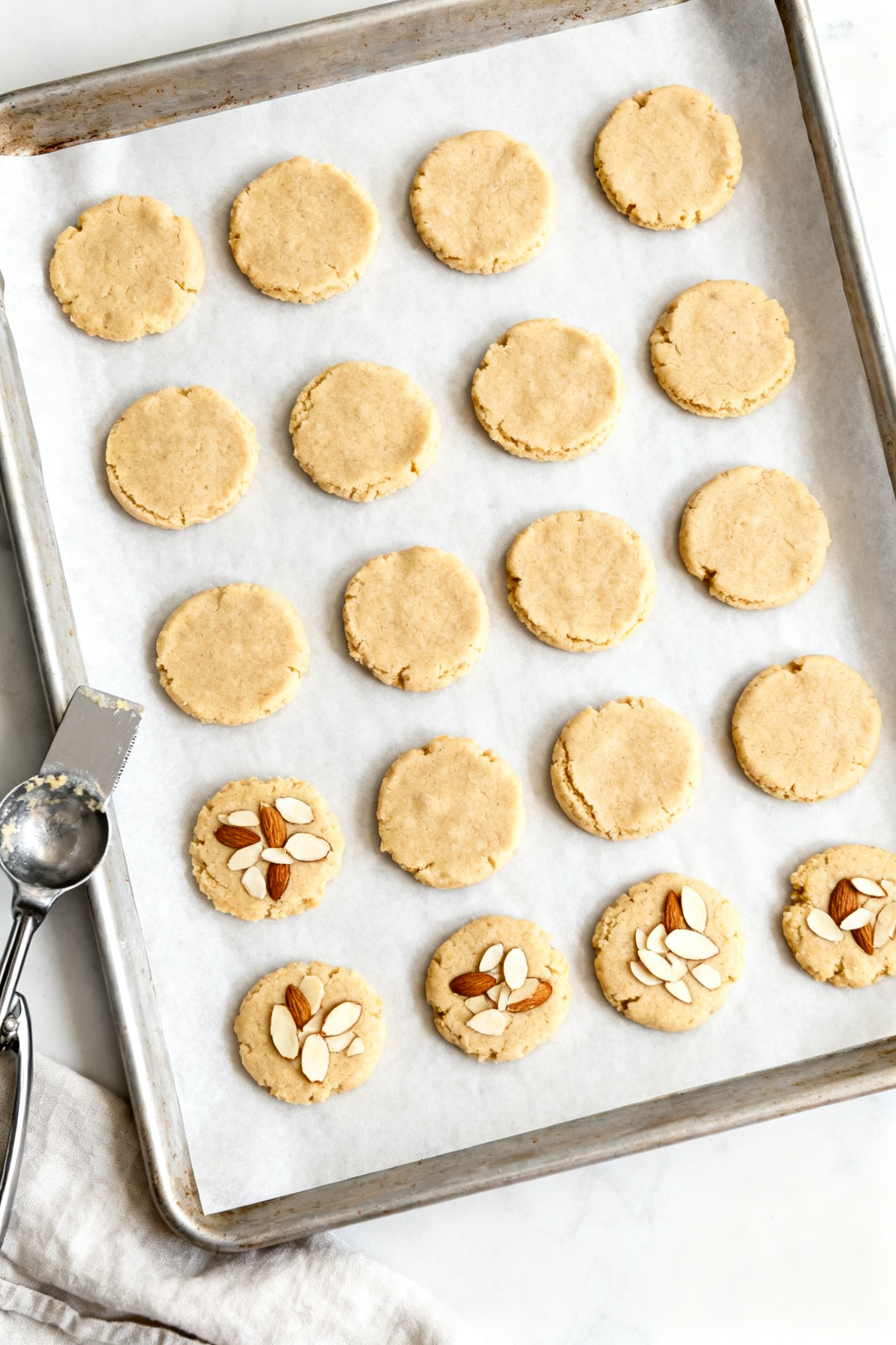 Cooking process: Overhead shot of cookie dough portions being shaped and gently flattened to 1/2-inc
