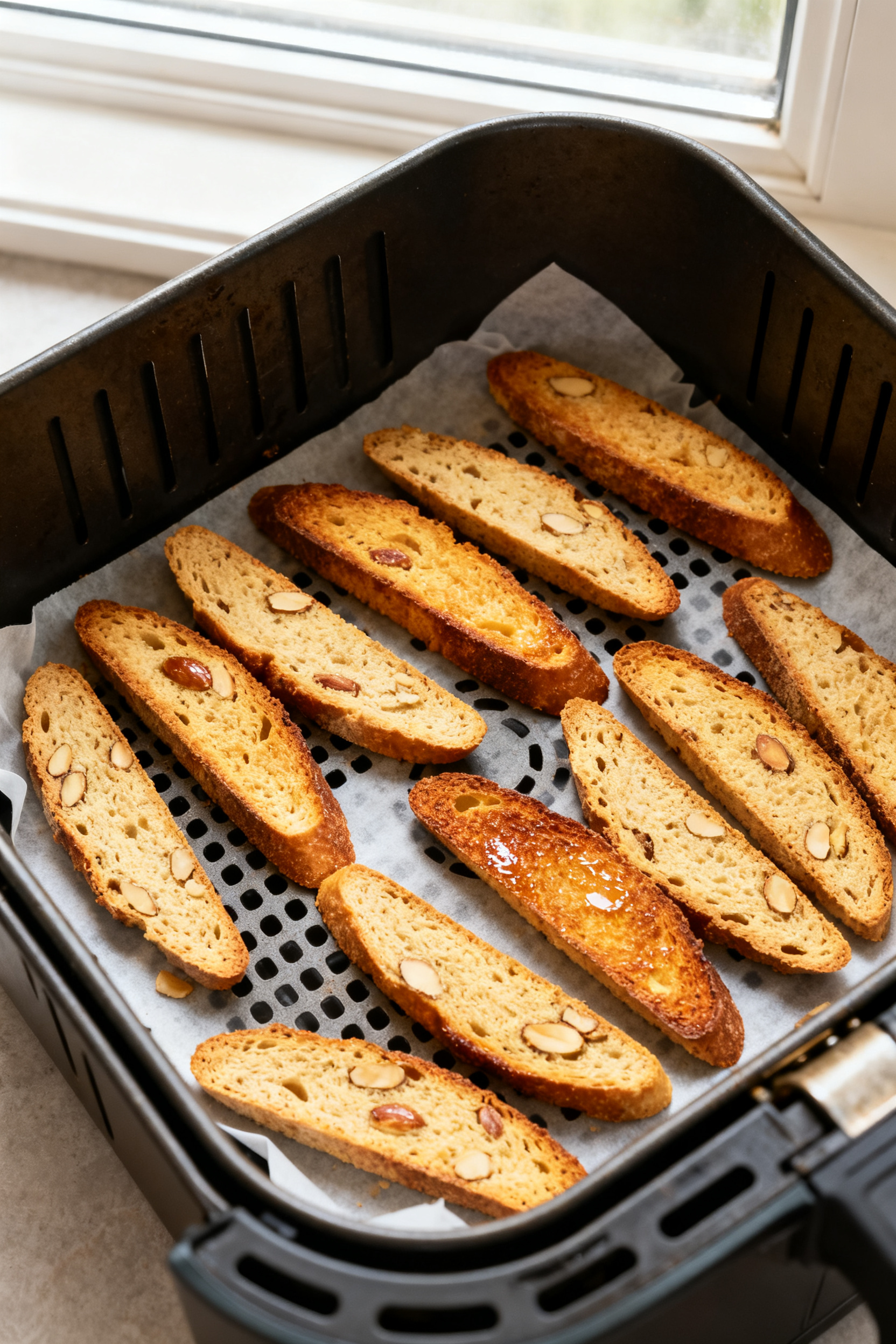 Cooking process: Overhead shot of diagonally sliced biscotti arranged in a single layer in the air f