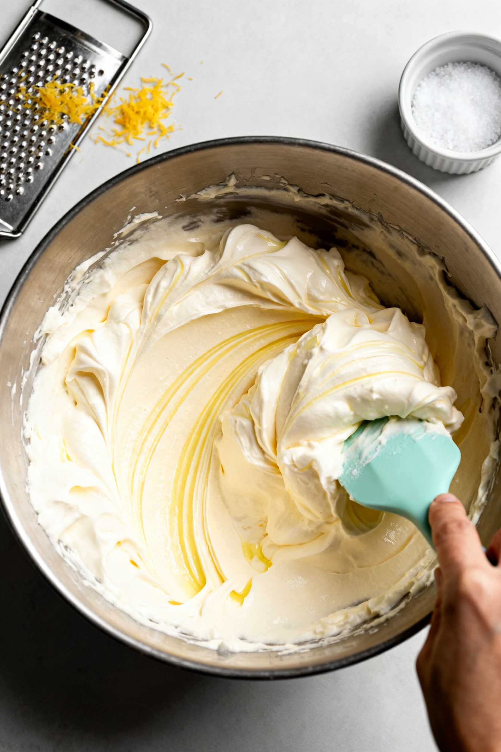 Cooking process: Overhead shot of the airy lemonade filling being folded with soft-peaked whipped cr
