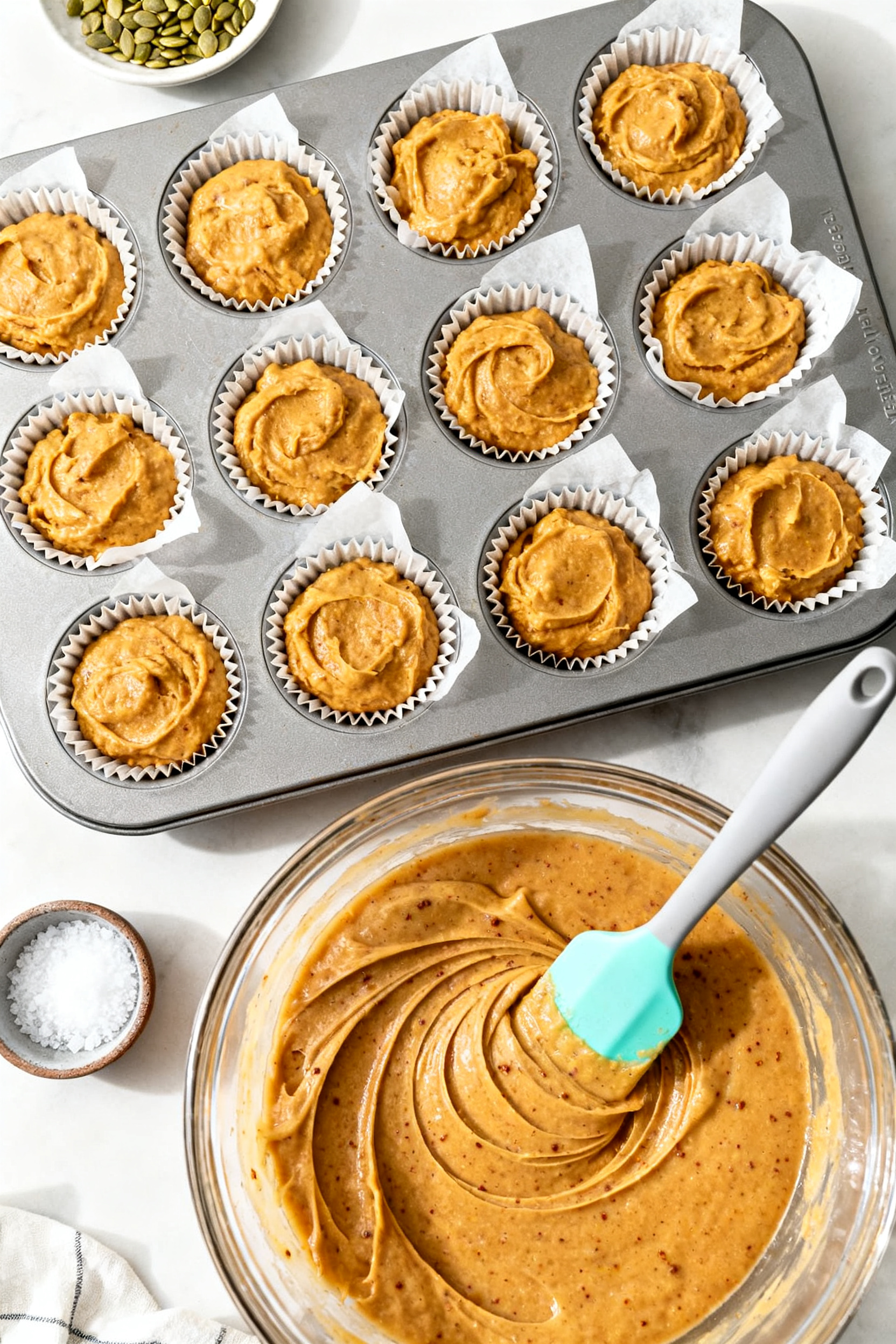 Cooking process: Overhead shot of the batter being portioned into a parchment-lined 12-cup muffin pa