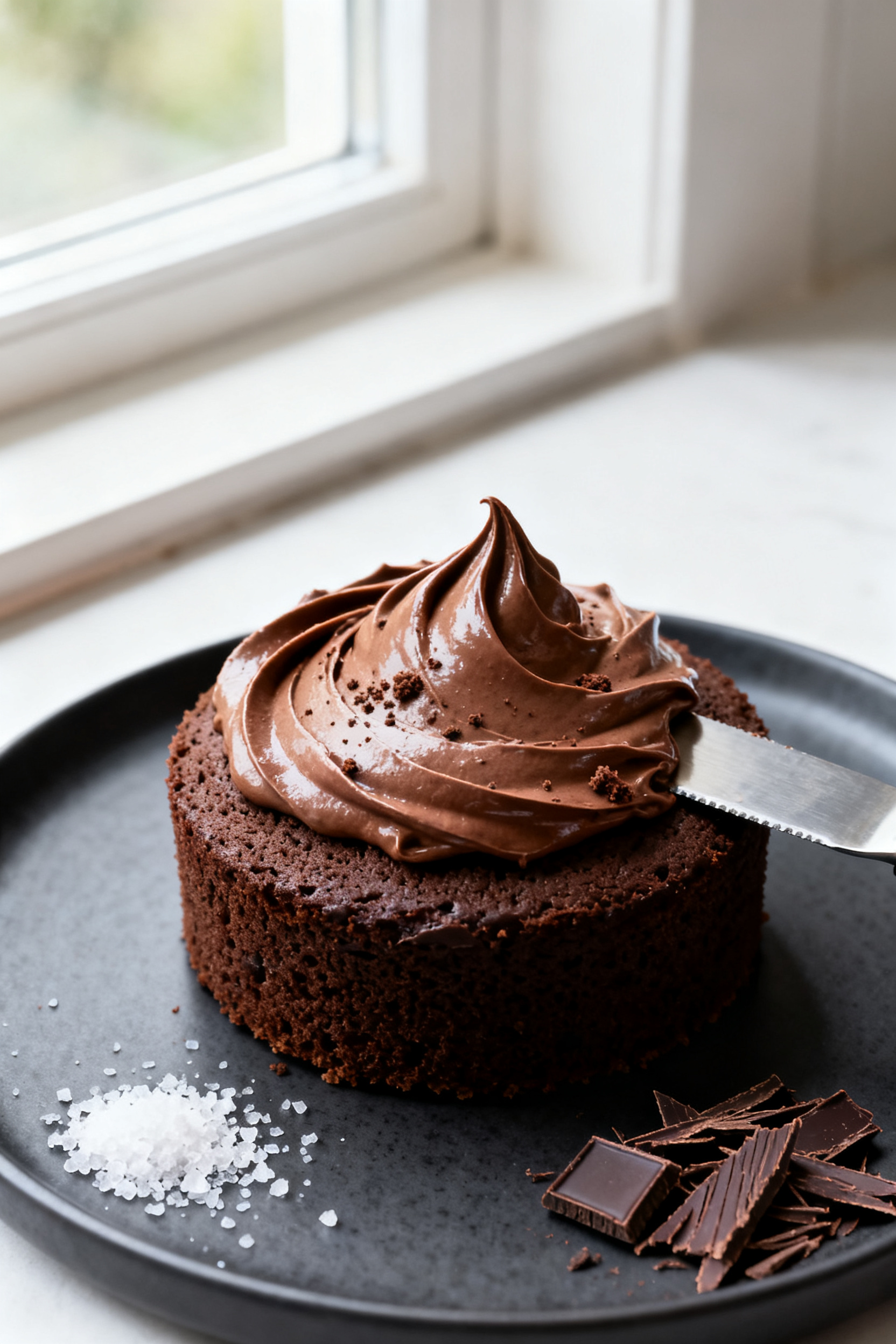 Cooking process: Overhead shot of the cooled mini chocolate cake being frosted with small-batch choc