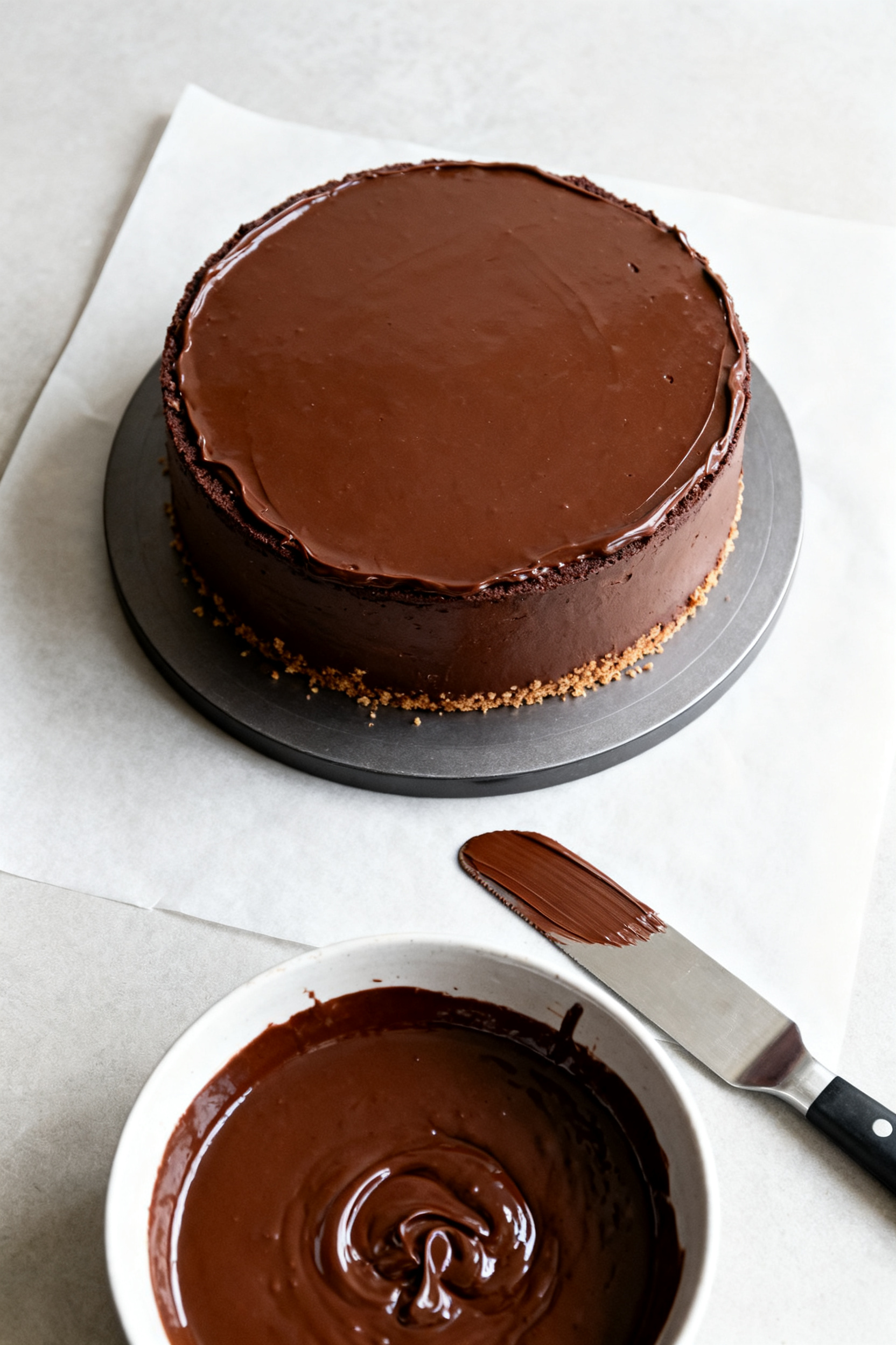 Cooking process: Overhead shot of the crumb coat step—cooled 9-inch chocolate cake on a turntable