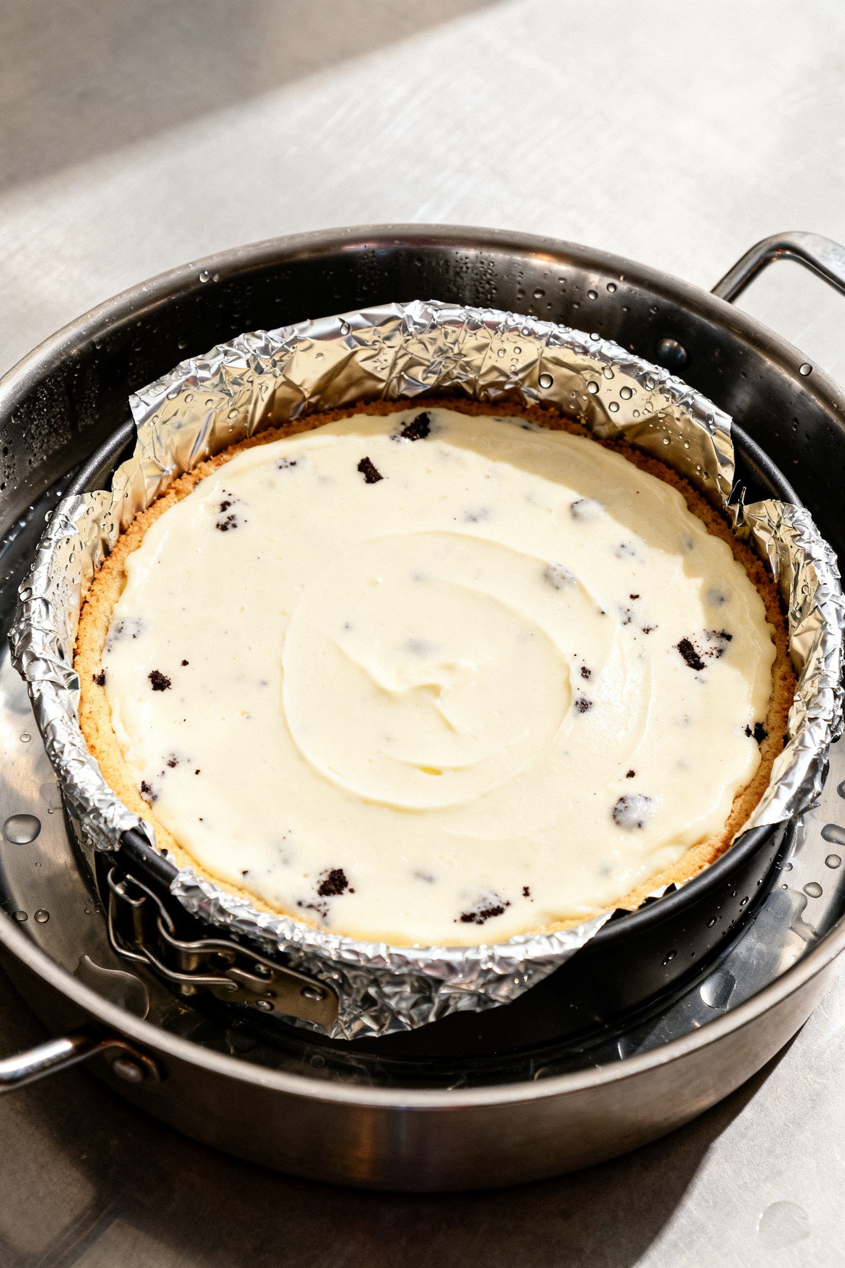 Cooking process: Overhead shot of the foil-wrapped springform pan nestled in a roasting pan water ba