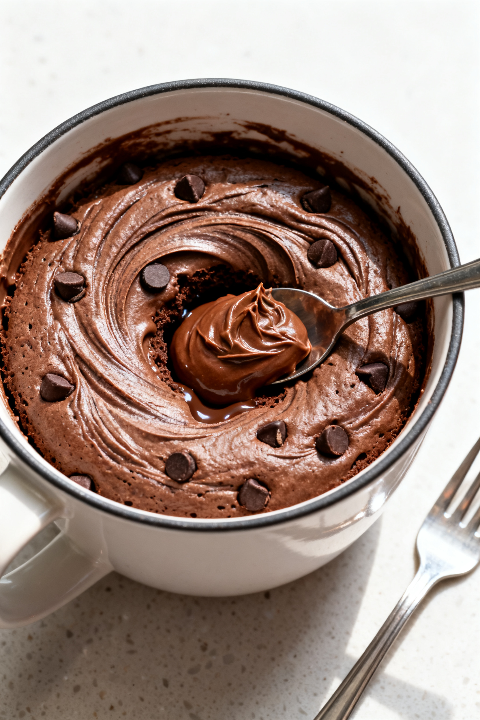 Cooking process: Overhead shot of the mixed batter stage in a wide mug right before microwaving—th