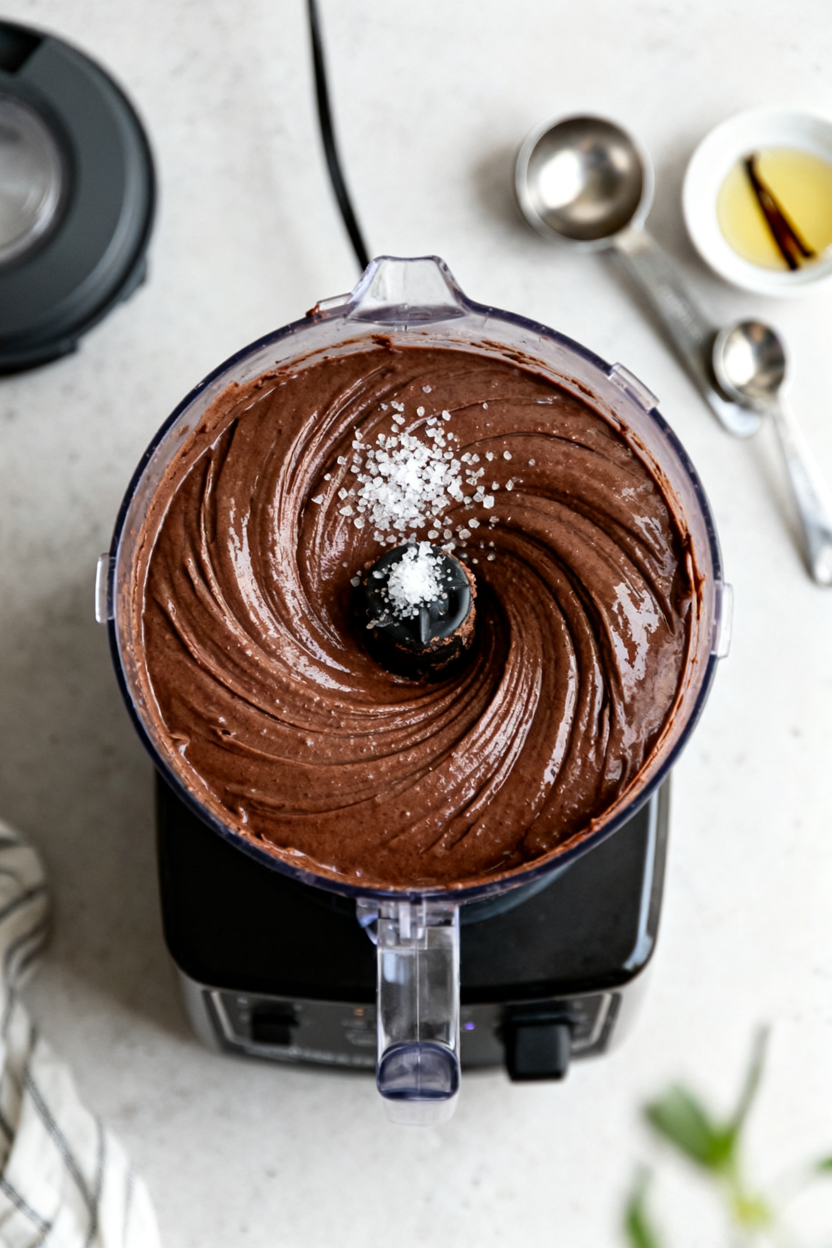 Cooking process: Overhead shot of the prepared spread in a high-powered blender just after streaming