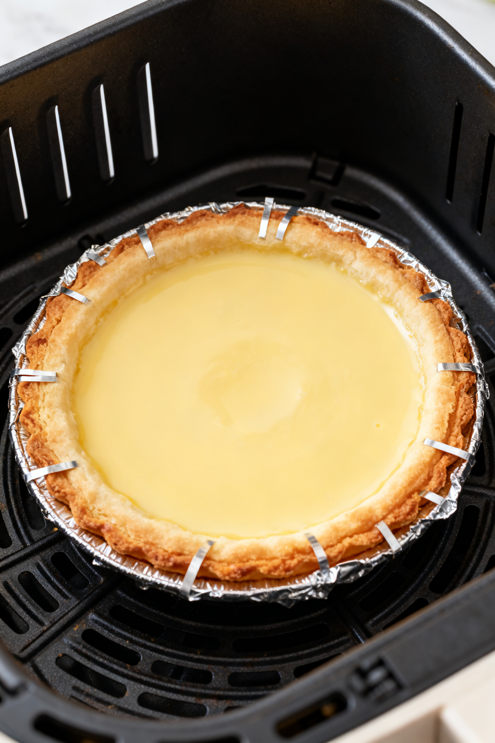 Cooking process: Overhead shot of the tart in a 6–7 inch tin inside an air fryer basket at the gen