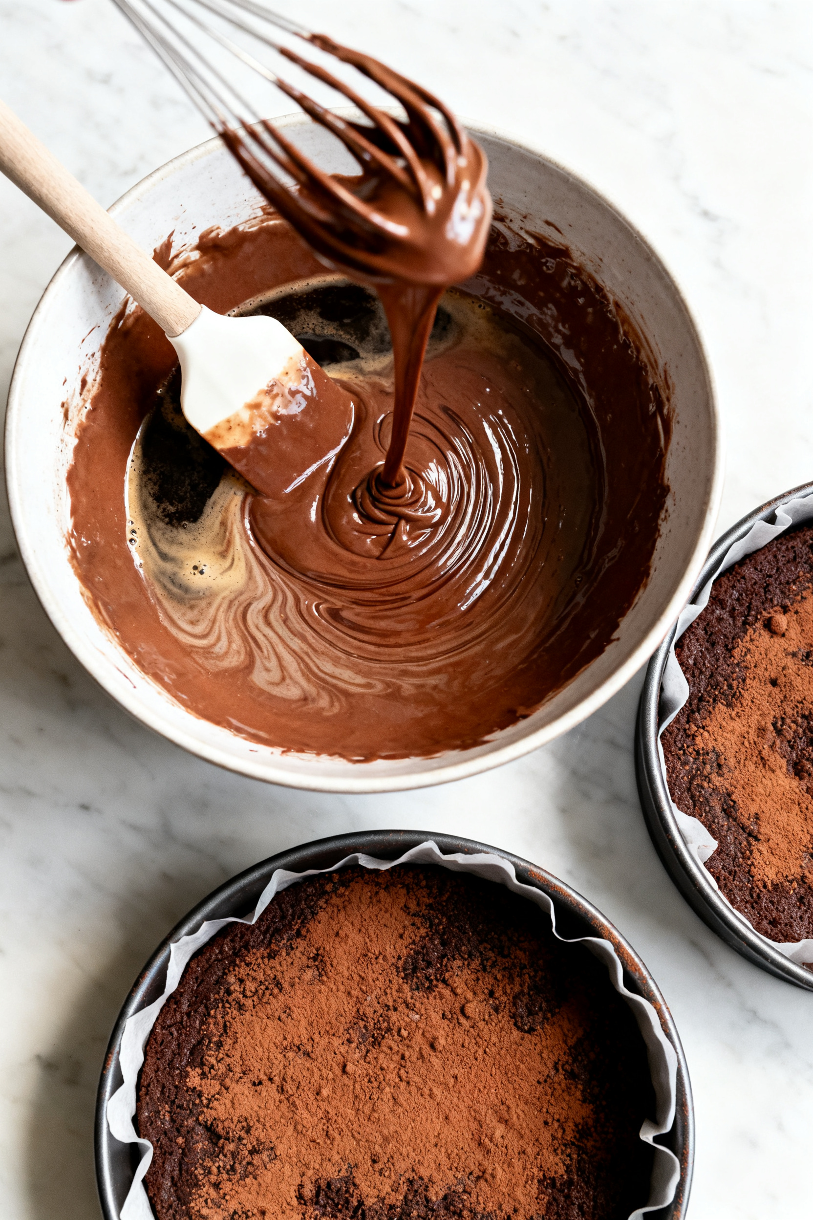 Cooking process: Overhead shot of the thin, glossy chocolate batter being gently stirred in a large