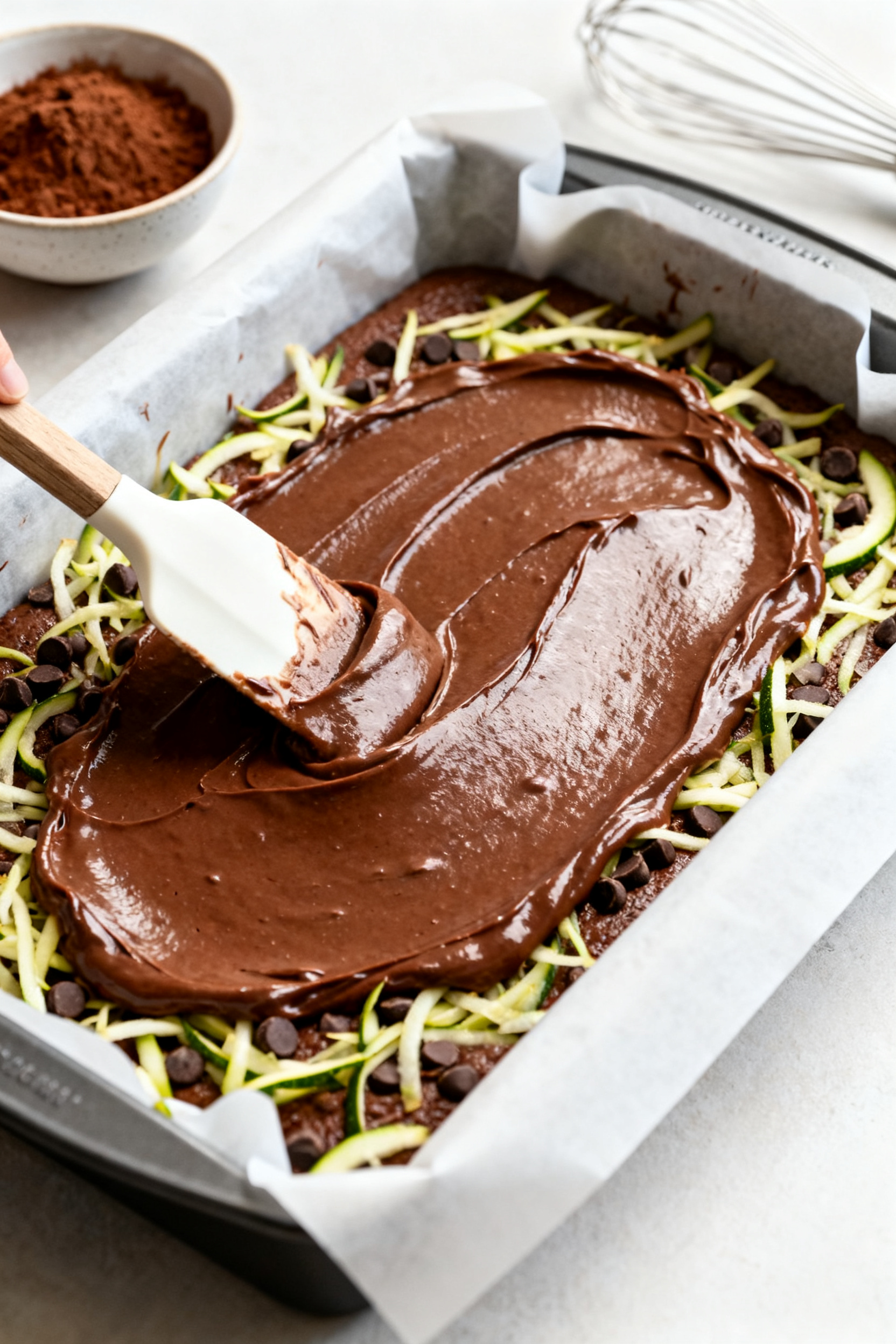 Cooking process: Overhead shot of thick, glossy chocolate batter being spread evenly into a parchmen