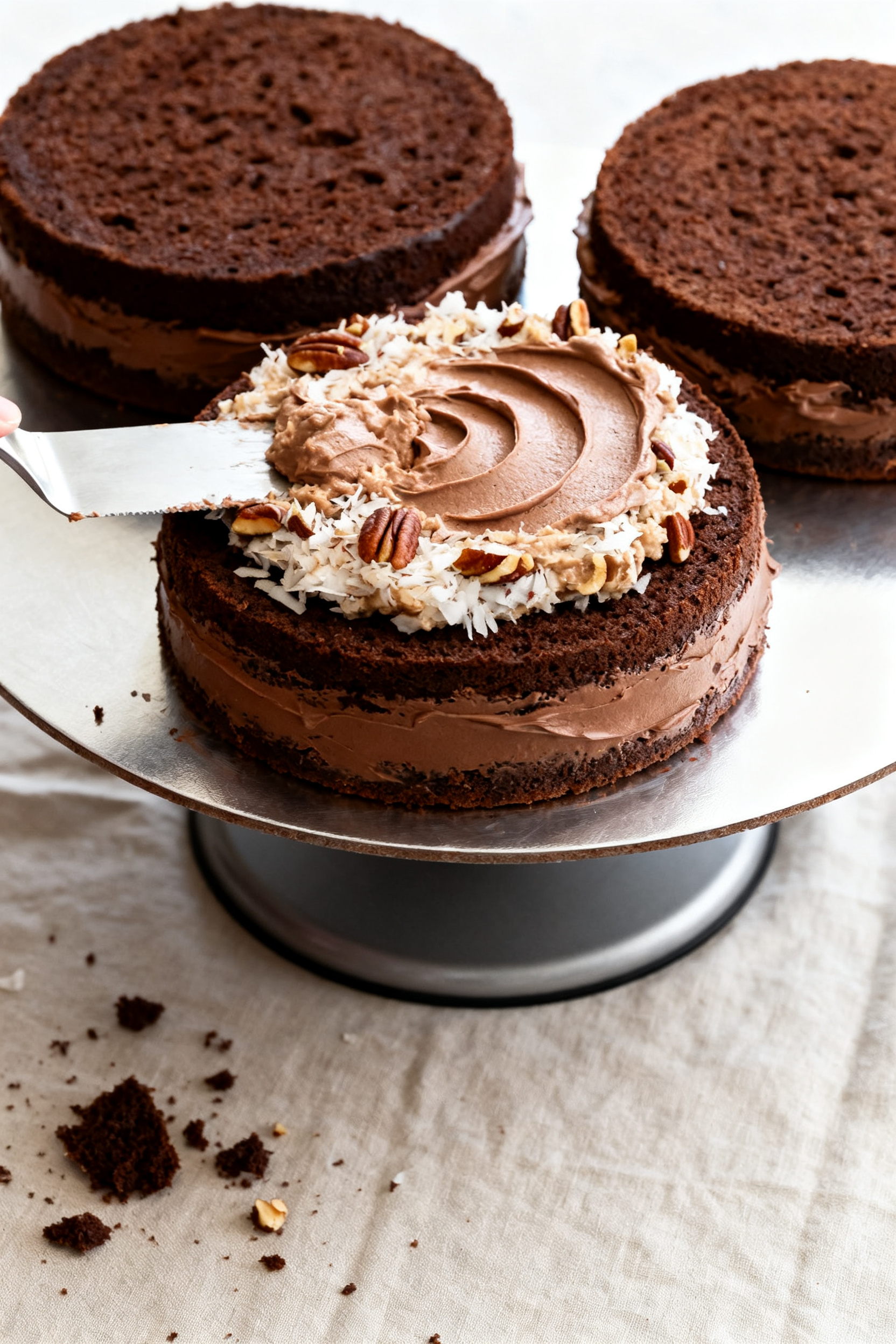 Cooking process: Overhead shot of three baked 8-inch chocolate cake layers being assembled on a cake