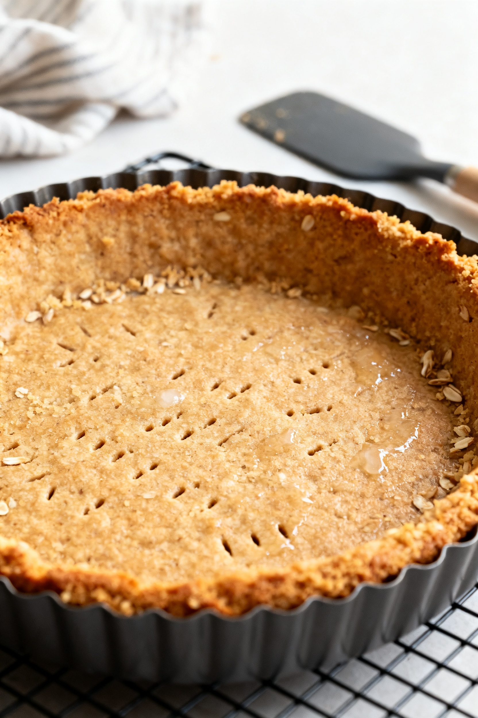 Cooking process — Press-in almond-oat crust: Close-up of a baked, golden-brown almond flour and oa