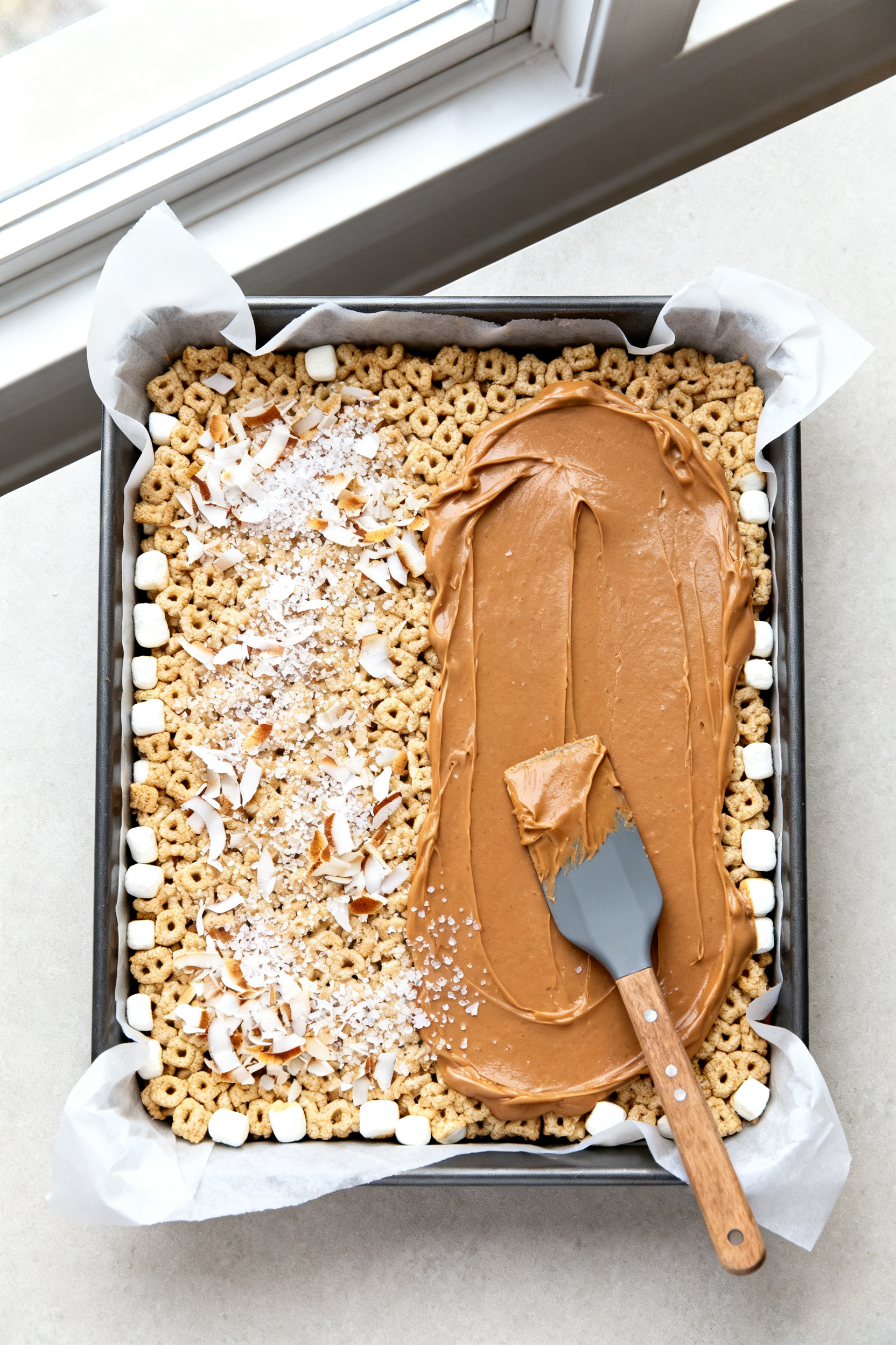 Cooking process shot: Overhead view of a 9x13 pan as the warm chocolate–peanut butter mixture is b