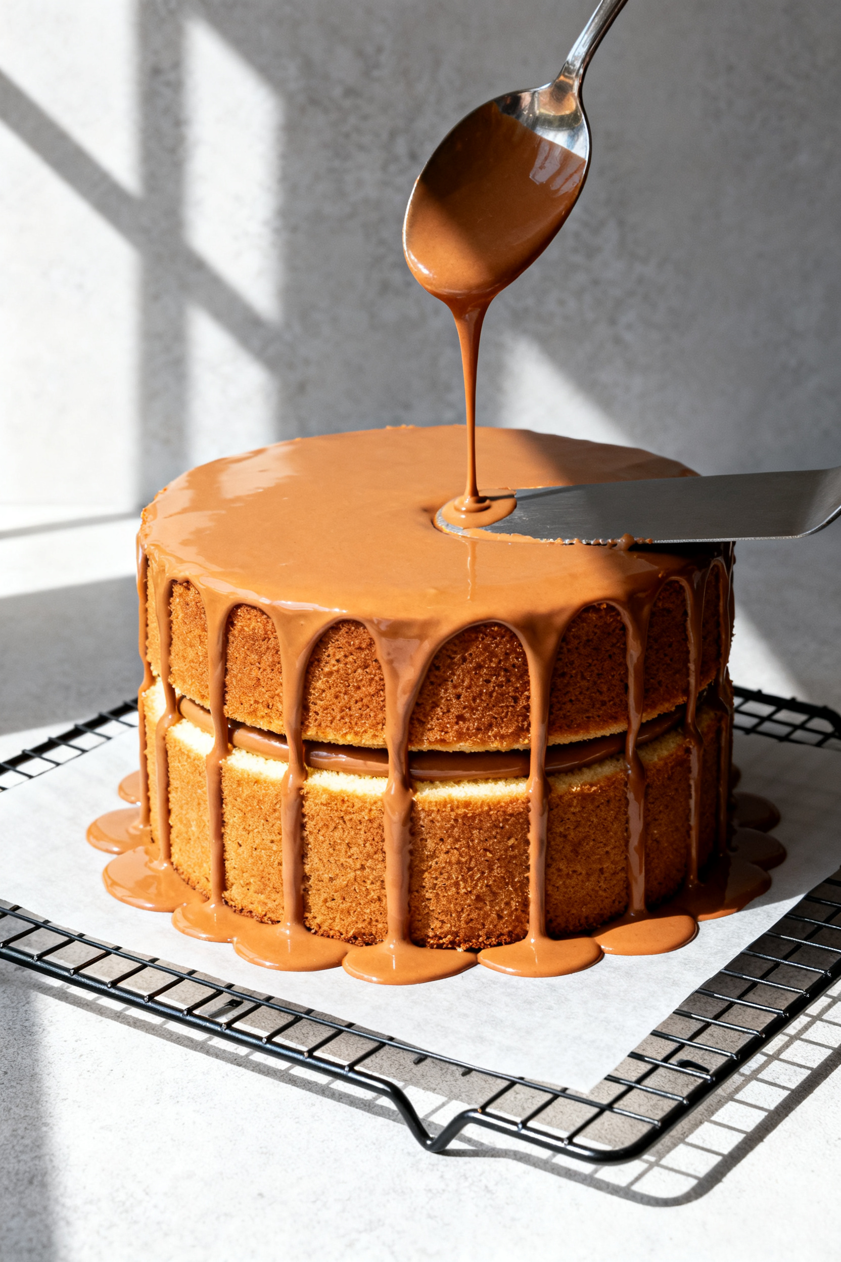Cooking process shot: Overhead view of the assembled two-layer cake as warm, pourable ganache (ribbo