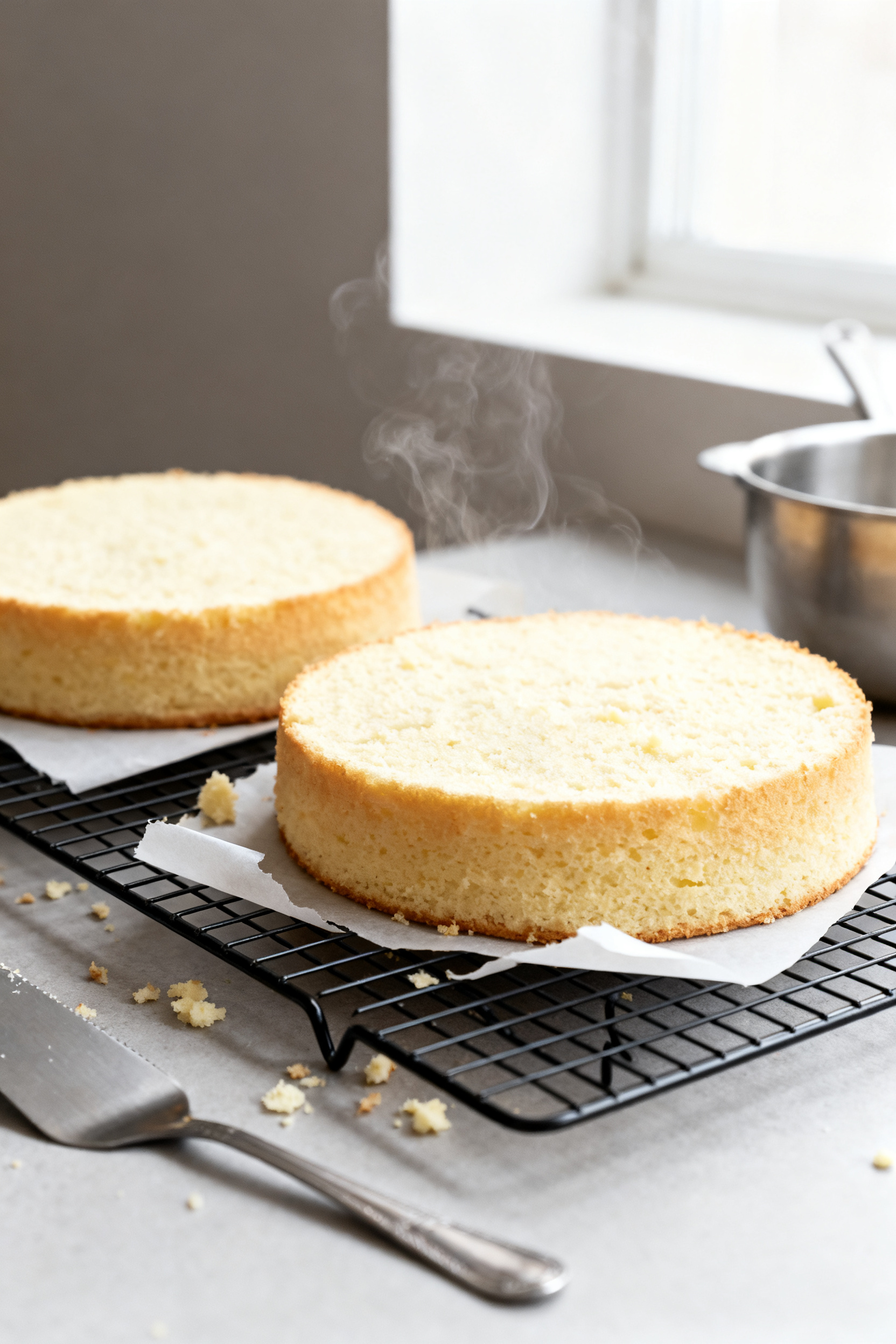Cooking process shot: Two freshly baked 8-inch white chocolate cake layers just out of their pans, c